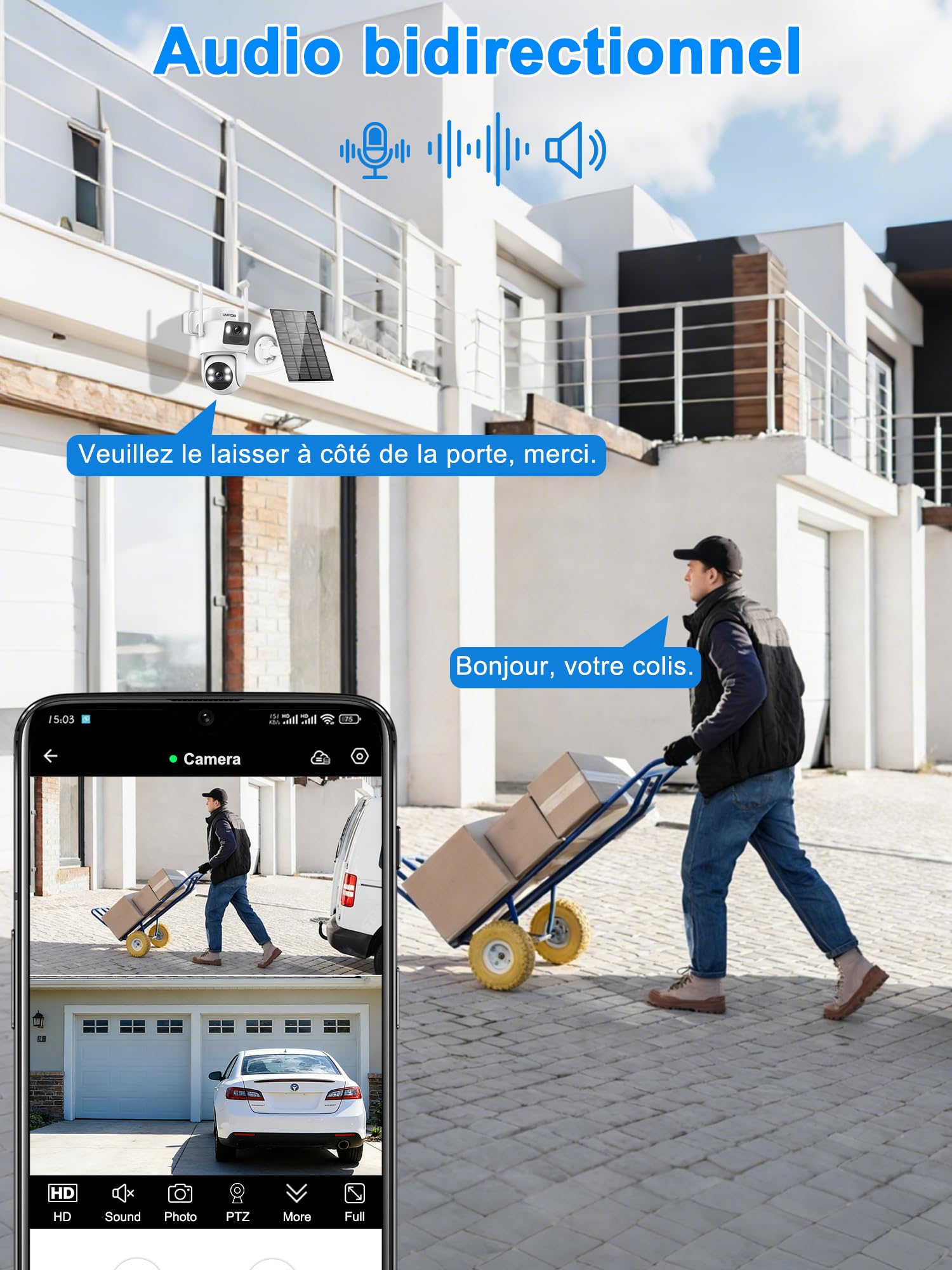 4K Camera Surveillance WiFi Exterieure sans Fil Solaire,Camera Exterieur Double Objectif avec Panneau Solaire,360° PTZ,8MP Vision Nocturne Couleur,Audio Bidirectionnel,PIR Sirène,IP66