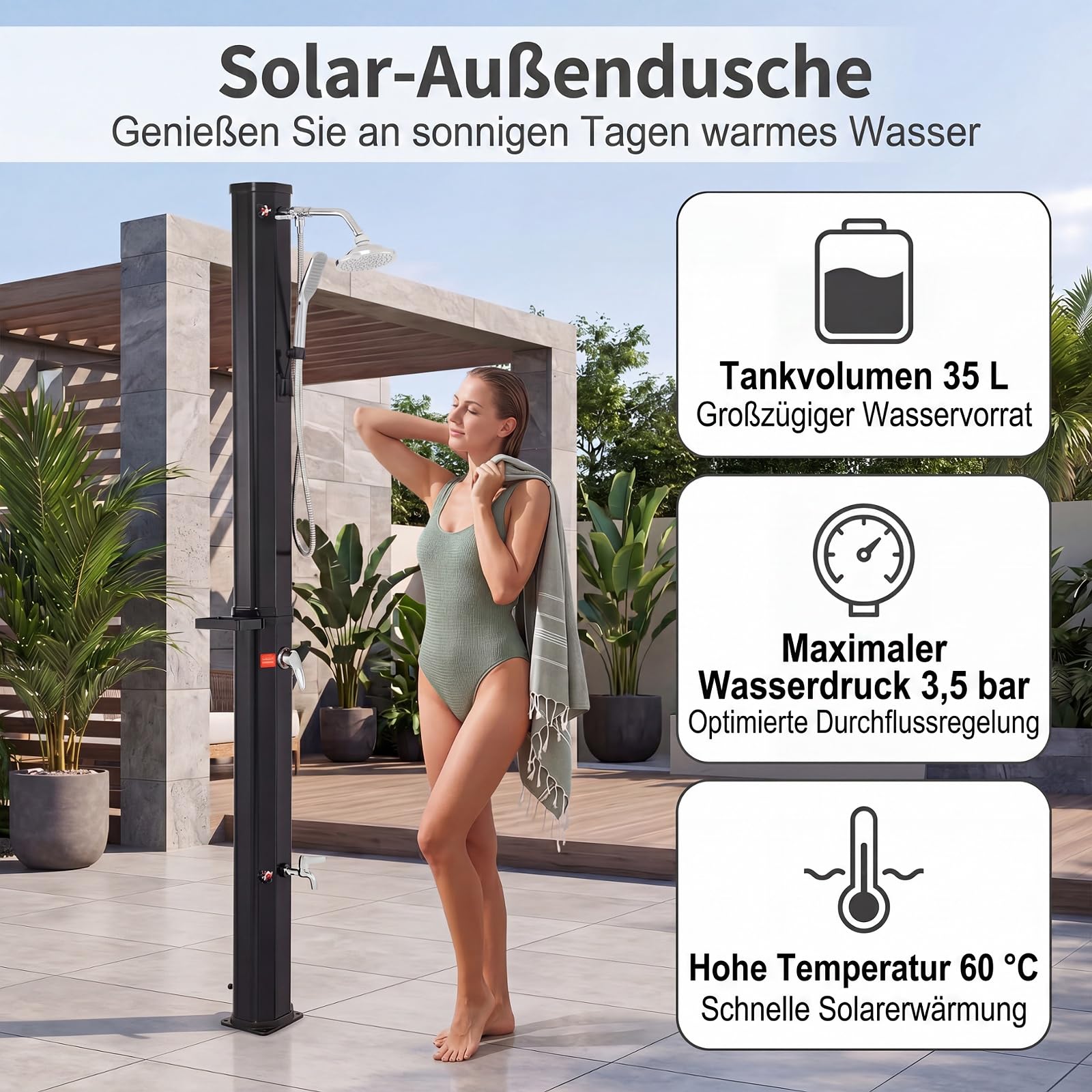 SOARS Solardusche 35L, Gartendusche bis 60°C mit Ablage, Handbrause, 360° Duschkopf & Fußdusche, Campingdusche mit Schutzhülle, Pooldusche, Außendusche für Garten, Pool, Camping & Strand, Schwarz