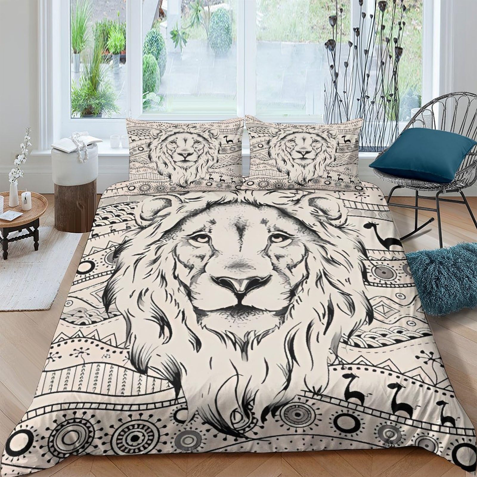 Housse de couette Lion 3D parure de lit 3 pièces microfibre avec taies d'oreiller 200x200cm