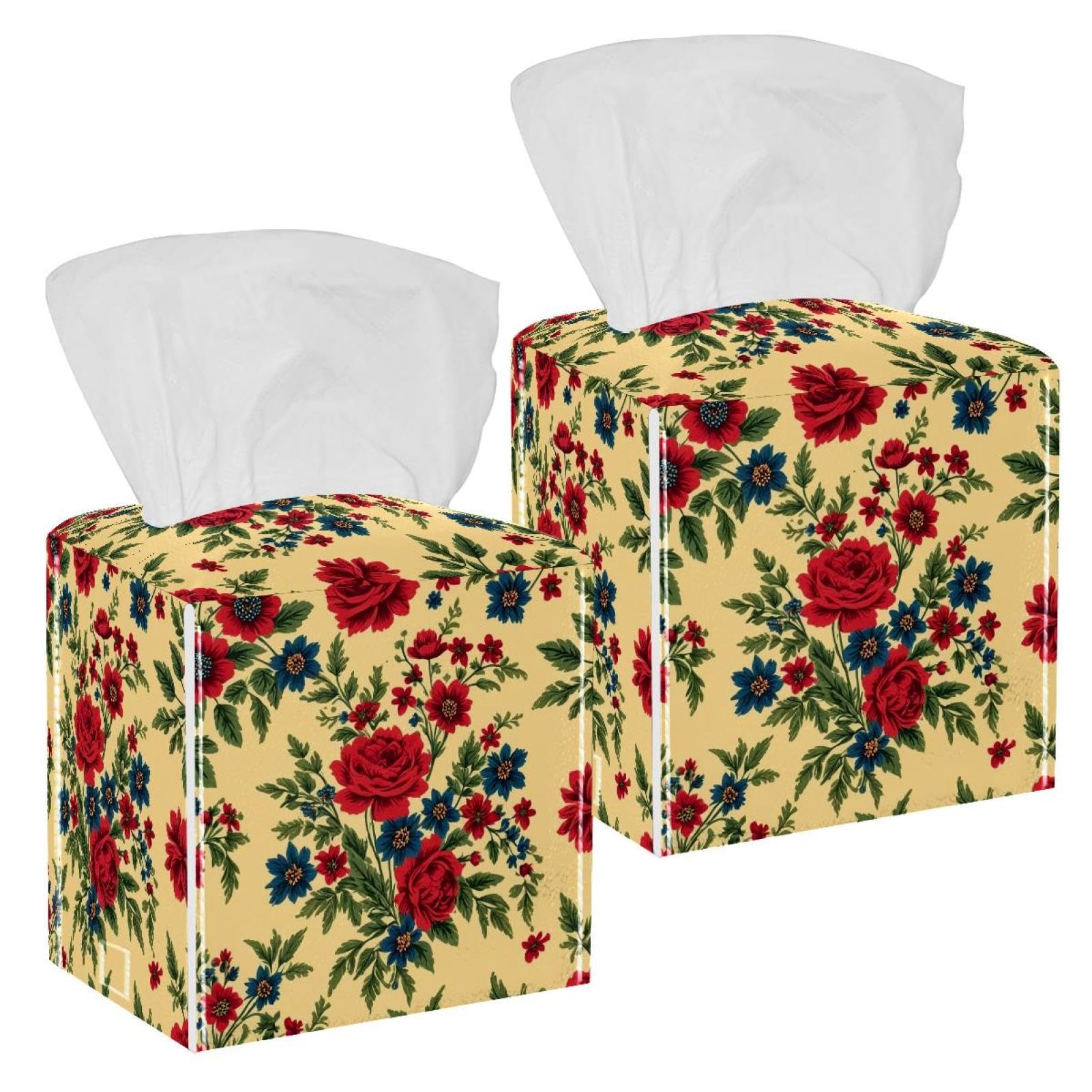 Aesthetic Flower Tissue Box Cover, 2 Pack PU Leather Square Facial Tissue Dispenser Box holder for Home Office Car