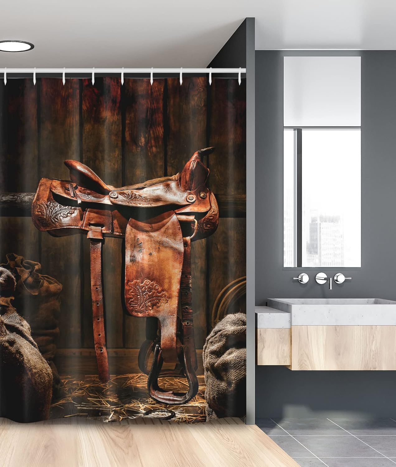 Ambesonne Western Stall Shower Curtain, American West Traditional Style Rodeo Cowboy Saddle Wood Ranch Barn Image, Fabric Bathroom Decor Set with Hooks, 54" W x 78" L, Brown