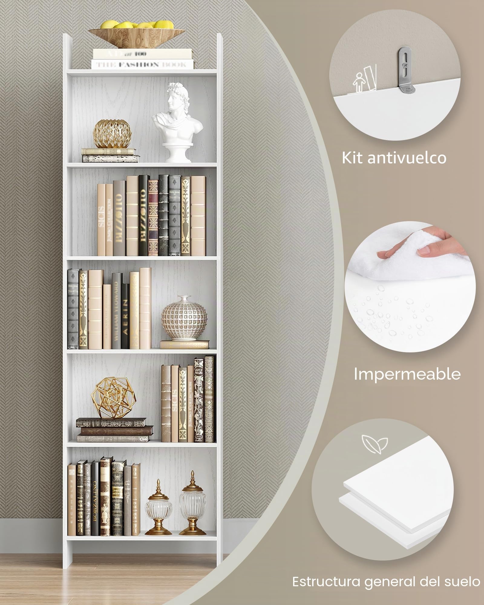 Hzuaneri Librería, Estantería de 6 Niveles, para Salón, Estudio, Oficin, Dormitorio, Estilo Escandinavo, 24 x 48 x 170 cm, Blanco 01103XBC