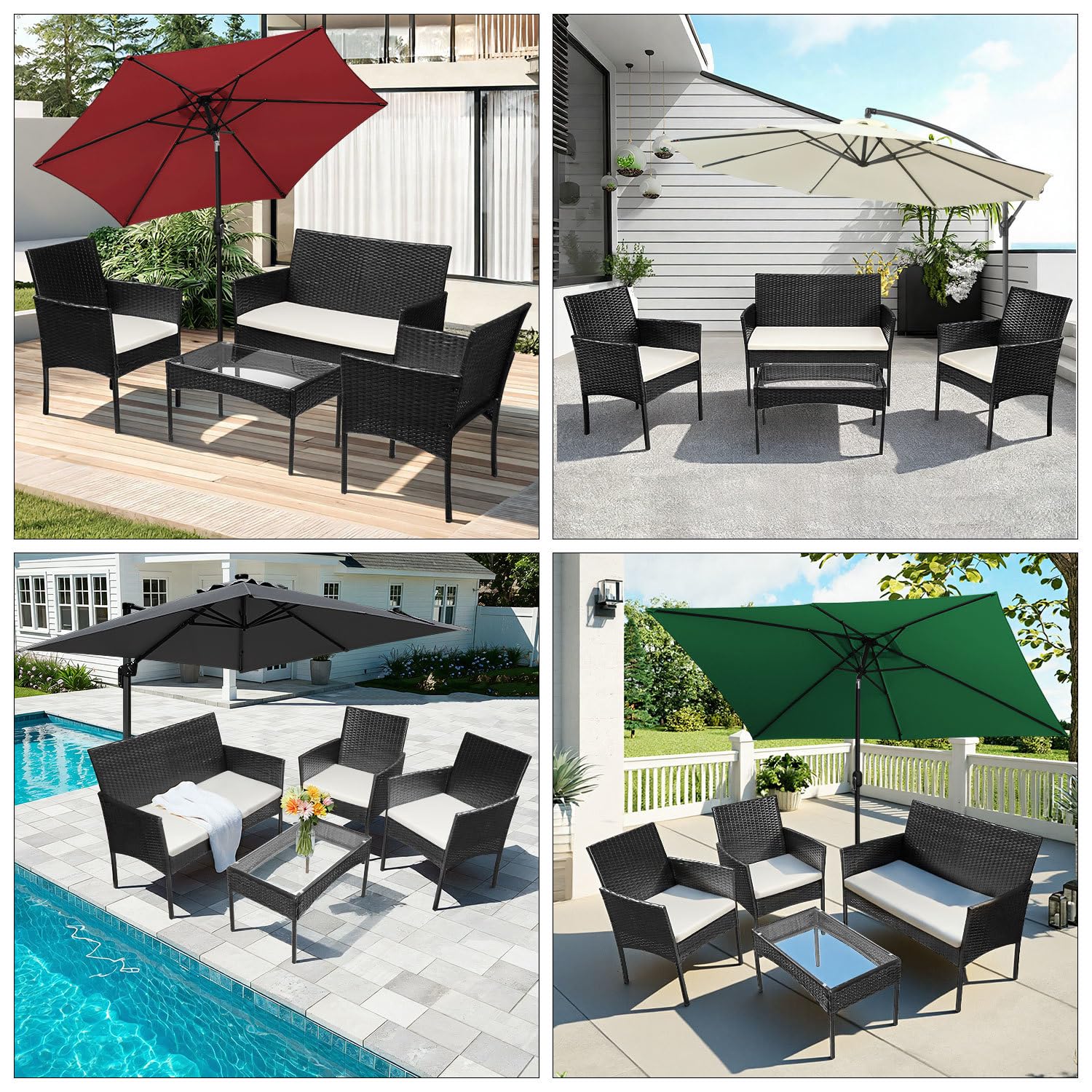 Ensemble de meubles de jardin 4 pièces en rotin synthétique avec table en verre, 2 fauteuils et canapé 2 places, salon compact avec coussins de 5 cm pour balcon, terrasse, jardin, noir