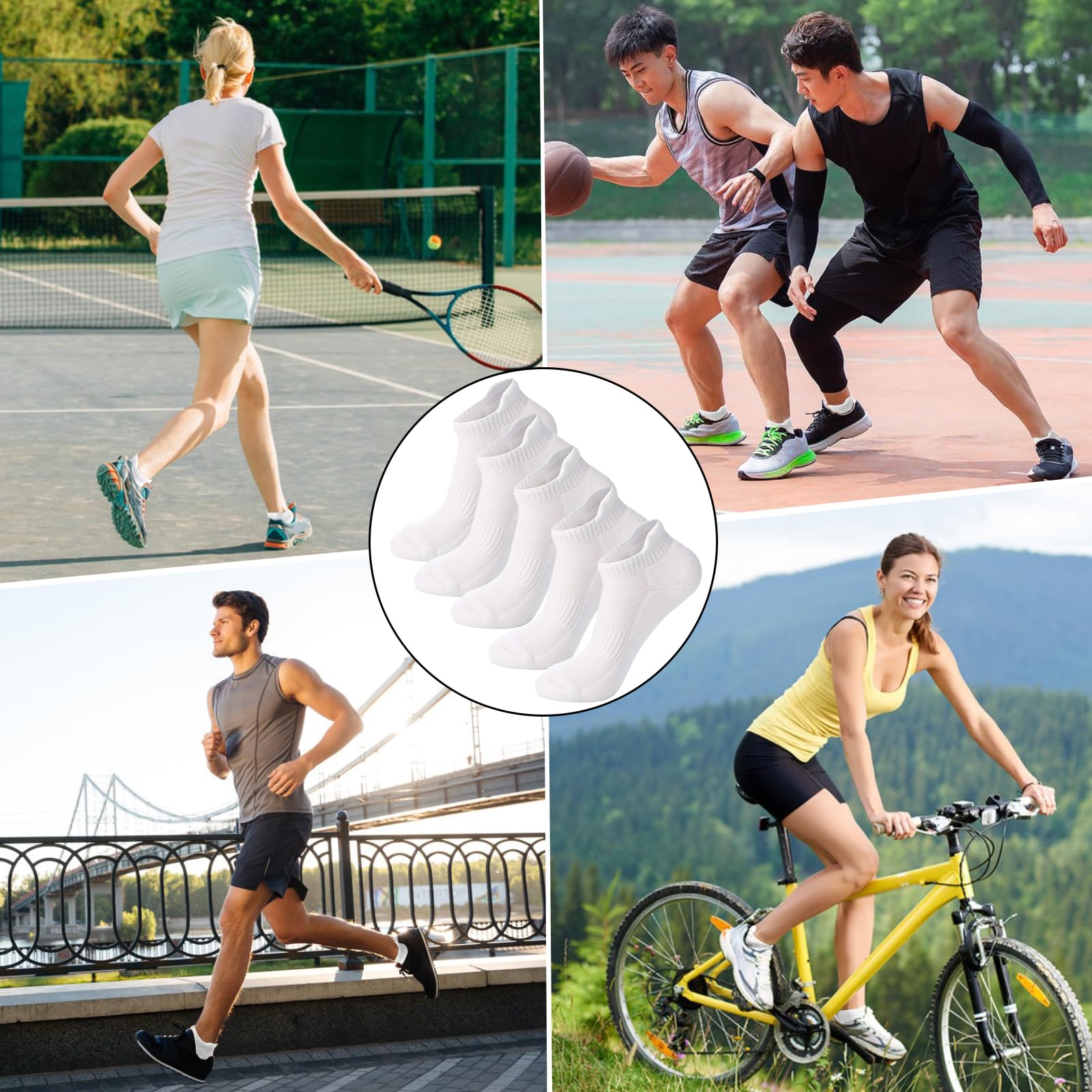 Lot de 5 paires de chaussettes courtes en coton - Pour homme et femme - Noir et blanc - Respirantes - Rembourrées - Chaussettes de sport - Chaussettes de randonnée - Chaussettes de tennis,