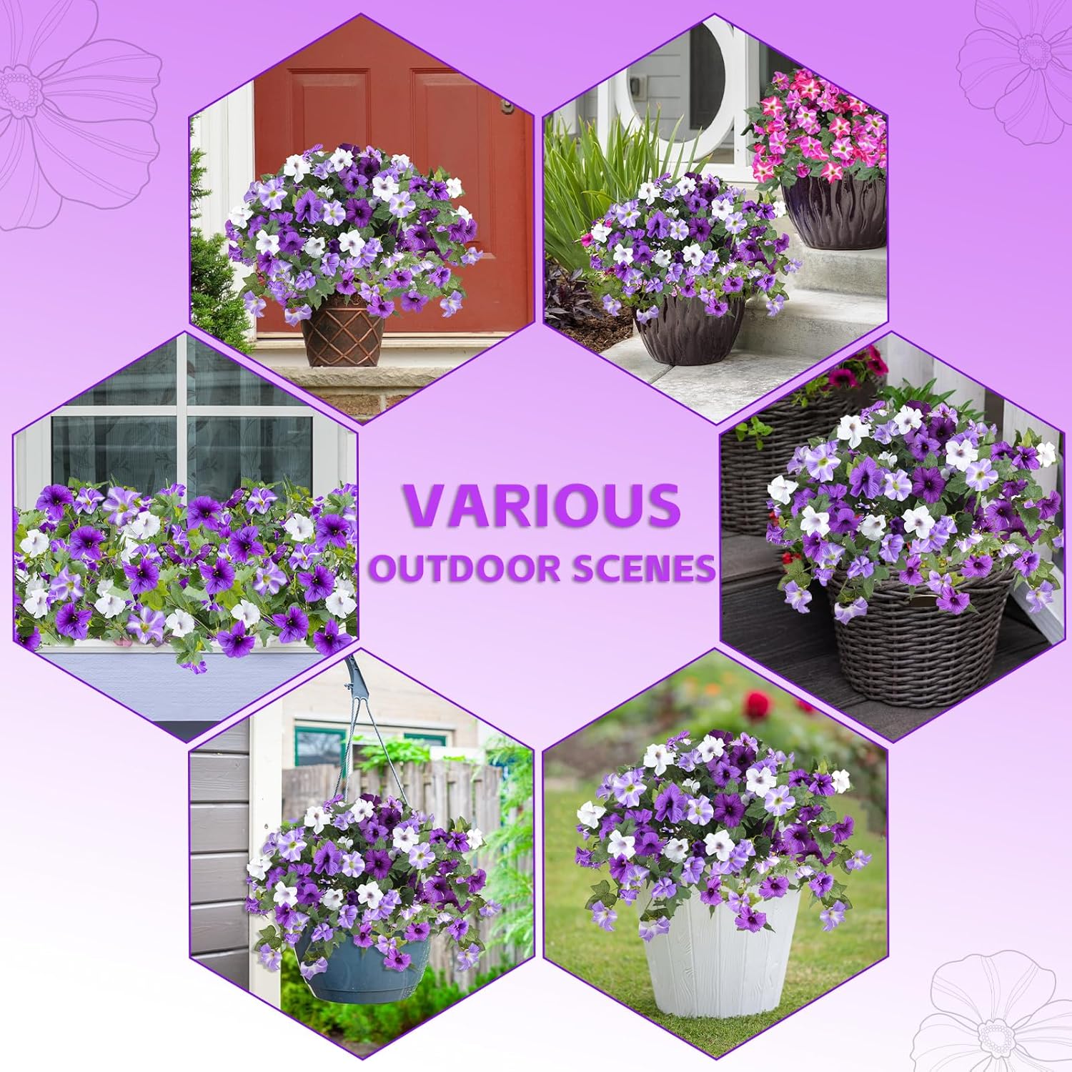 Artificial Fake Flowers for Outdoor Plants Decoration,2 Pcs Faux Petunias Flowers Plants UV Resistant Silk for Porch Yard Garden Home Indoor Decor(Purple White) - Image 5