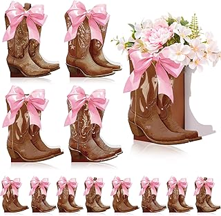 12 Set Brown Western Cowboy Bow Boots Flower Boxes Centerpiece Boot Shape Gift Boxes Western Party Decoration Vase Centerpiece for Table Boots for Rodeo Birthday Baby Shower Wedding Supplies