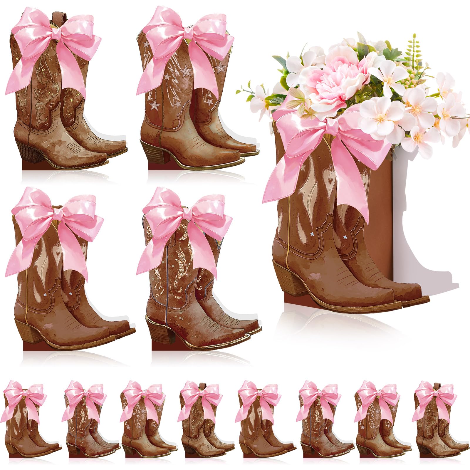 12 Set Western Brown Cowboy Bow Boot Centerpiece Box Rodeo Vase