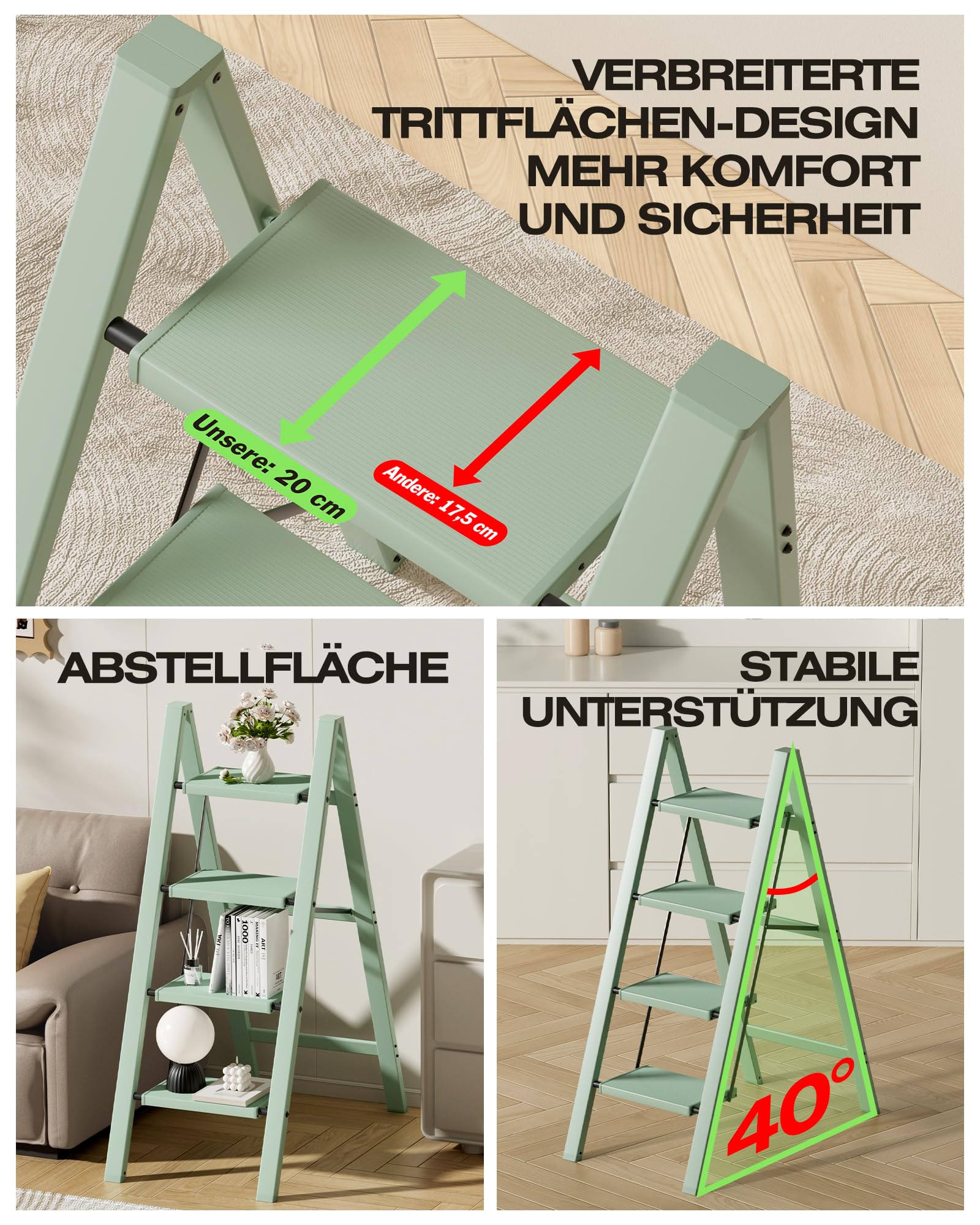 Escalera Plegable de 4 peldaños, Capacidad de 150 kg con Pedal Antideslizante, Taburete portátil de Aluminio, fácil de Guardar, Interior y Exterior, Aspecto estético, Color Verde Claro