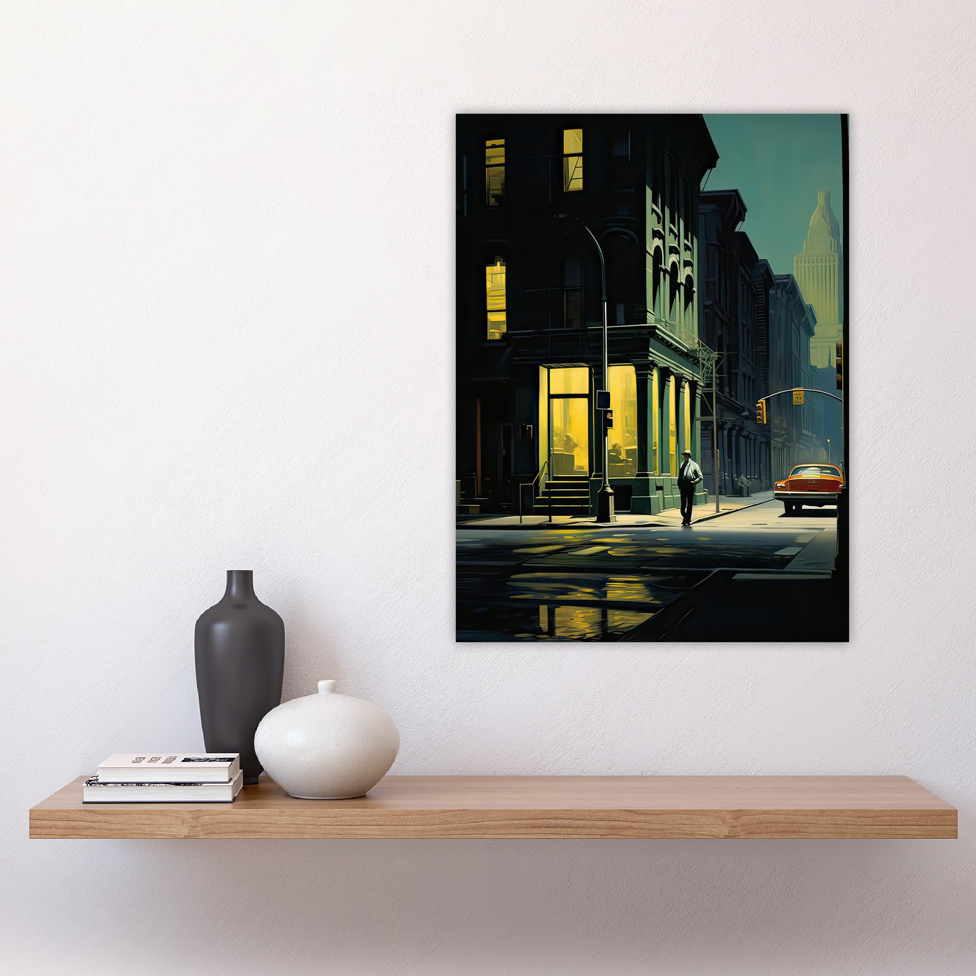Artery8 New York at Dawn Edward Hopper Style Oil Painting Yellow Green Blue Man Walking in Empty City Street Large Wall Art Poster Print Thick Paper 18X24 Inch - Image 4