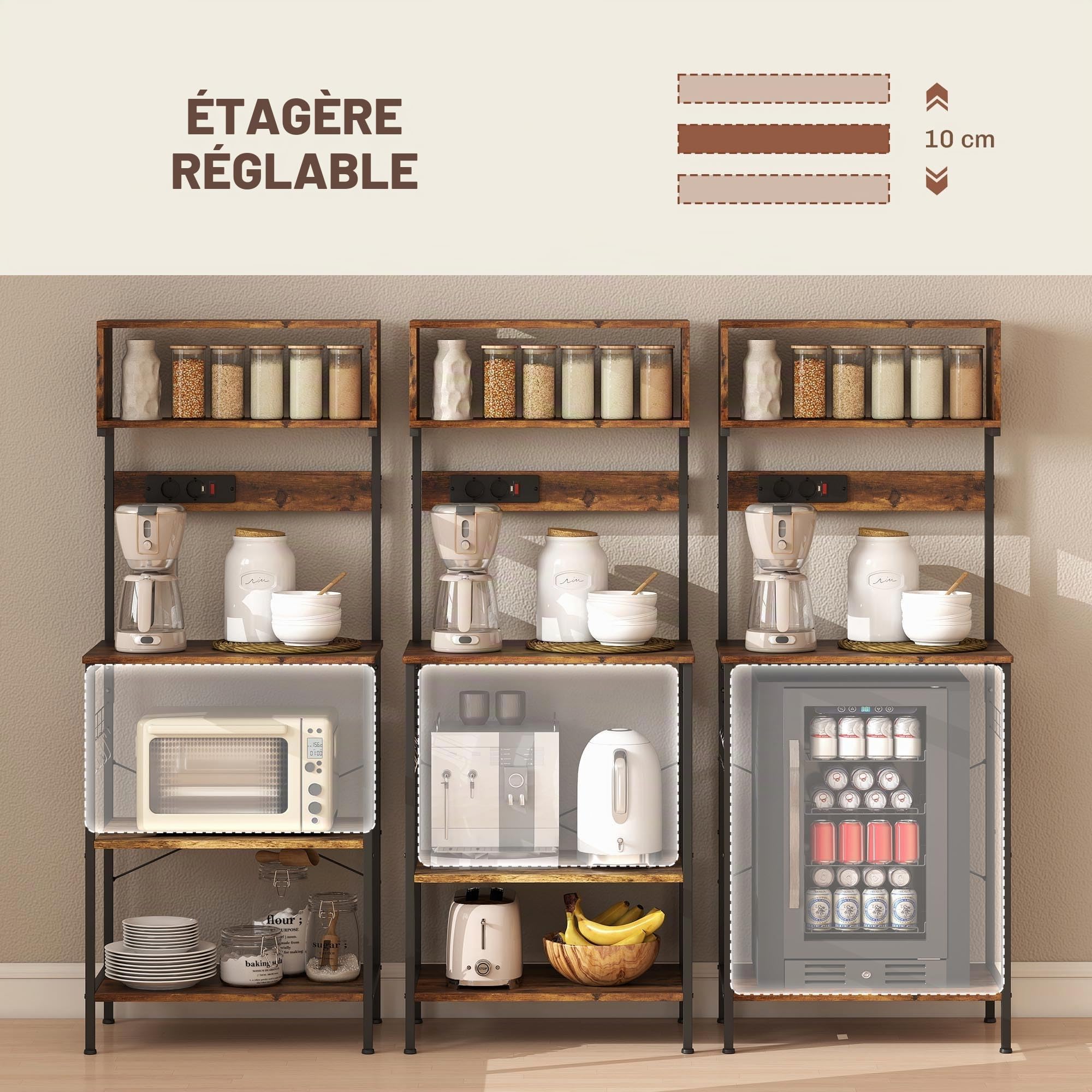 HOMCOM Étagère de Cuisine, étagère sur Pied avec 5 Crochets en S, 5 étagères, Prise de Courant, Bar à café avec entretoises en X, étagère de Boulangerie en Acier pour Cuisine, Salle à Manger, Marron