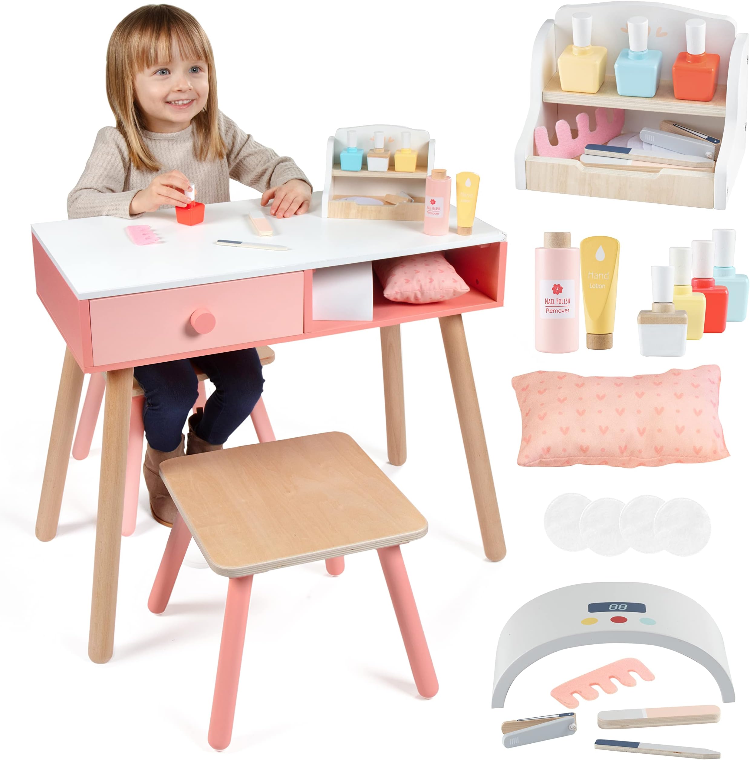 Pretend Nail Salon Wooden Play Set - Run Your Own Salon - Full Playset Includes Nail Polishes, Beauty Caddy, File, Dryer, Chair & Stool - Mess-Free, Fun Mani Pedi Manicure Nail Care for Girls and Kids