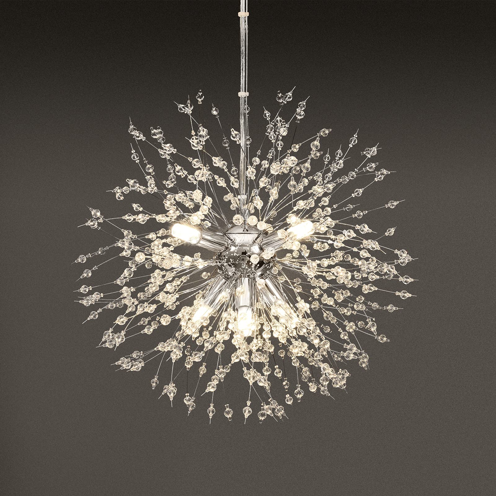 Chandelier Modern Crystal Pendant Lighting, Chrome Dandelion Fireworks Chandelier, Ceiling Pendant Lamp for Dining Room, Bedroom, Kitchen, Living Room (8-Light, Dia 17.5 inch)
