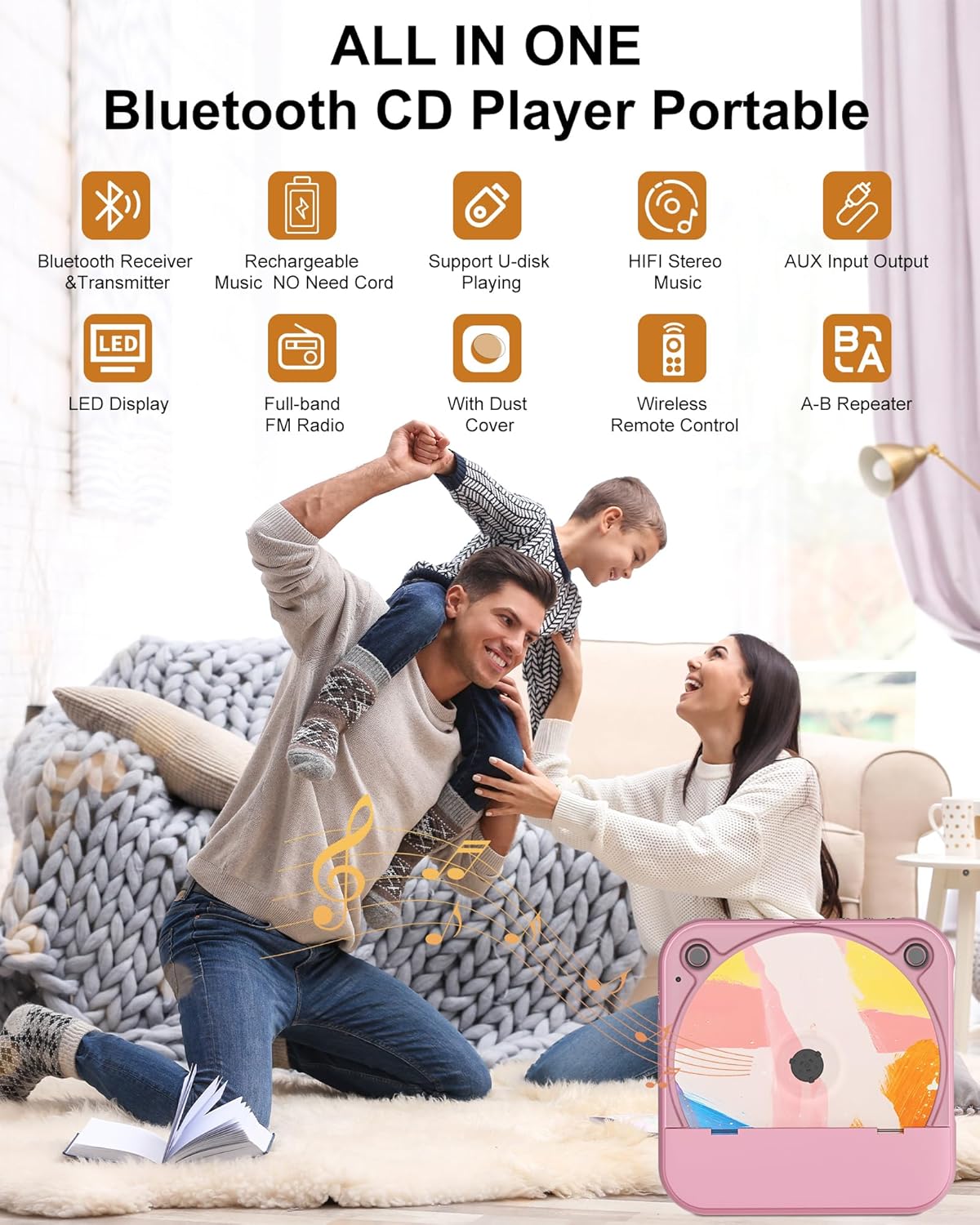 Portable CD Player with Bluetooth, Rechargeable Wireless Mini Desktop for Home with HiFi Speaker, Cute CD Player Remote Control, LCD Display, Supports CD/FM Radio/USB/AUX/Timer/Repeat, Pink