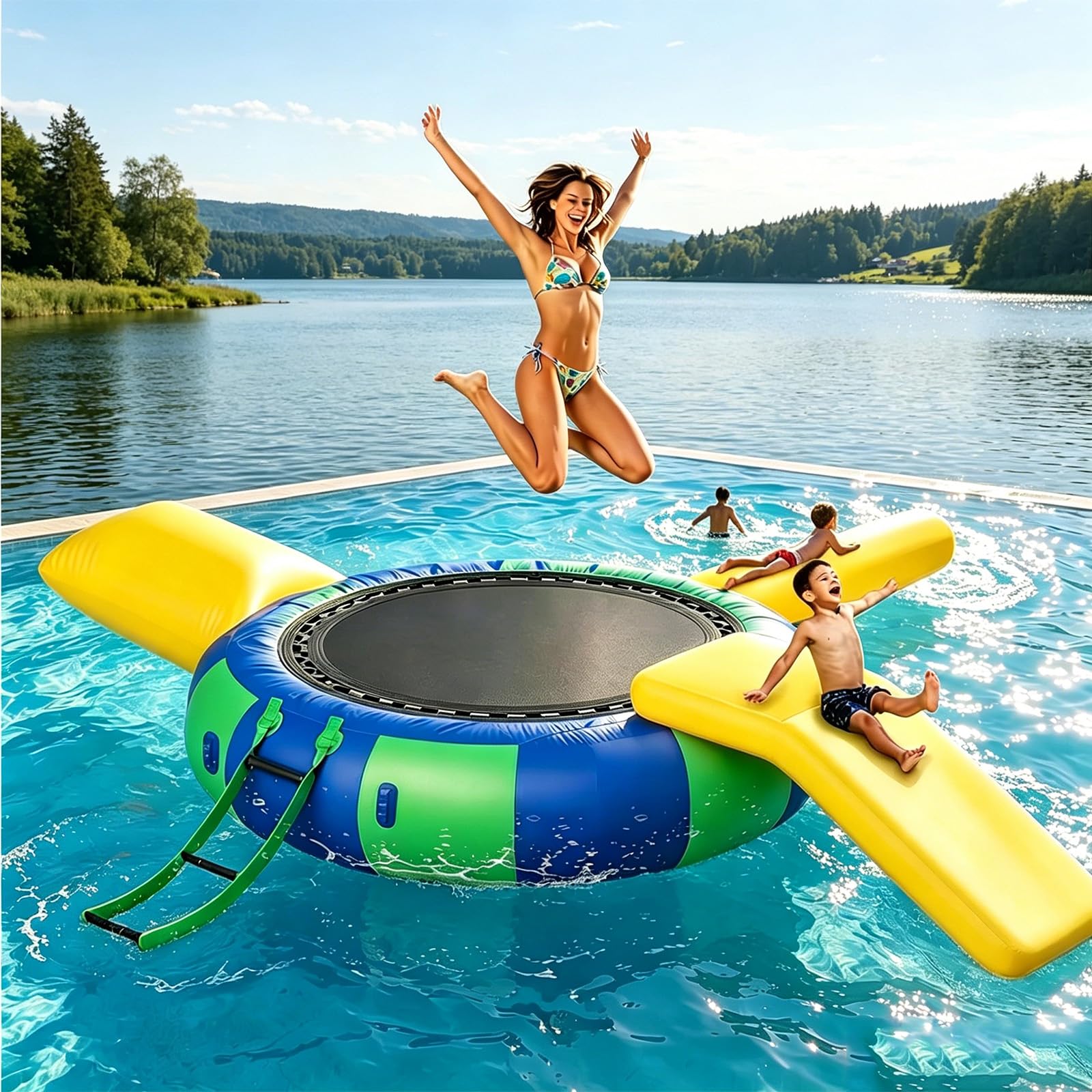 NSACMD ,10FT,Inflatable Lake Water Trampoline – 10/13/16FT Floating Bounce Swim Platform with Slide, Ladder, Pump & Jumping Pillow Bag – Summer Water Toys for Children & Adults