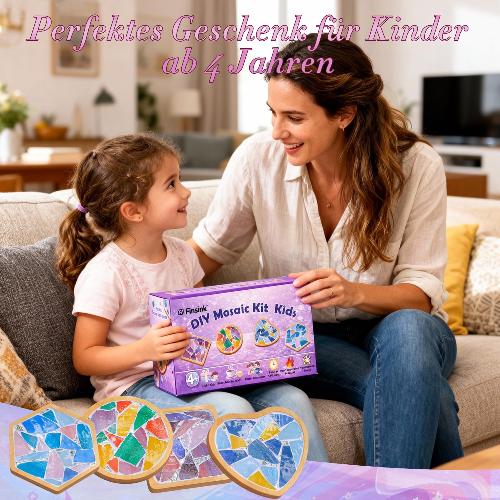 Mosaik Bastelset Kinder, 4 Stück Mosaiksteine zum Basteln und Holz Untersetzer, DIY Kit, Wärmeisolierender Untersetzer für Kinder ab 4 Jahren, Mädchengeburtstag