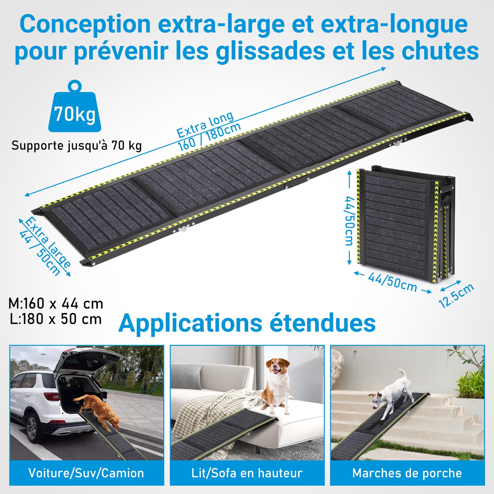 Rampe pour Chien Voiture Pliable 160 x 44 cm 70 kg Antidérapant Bandes Réfléchissantes