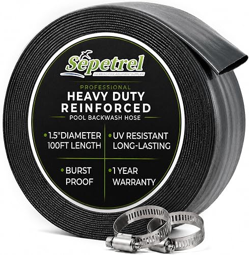Sepetrel Pool Backwash Hose 1.5 Inch x 100 Feet | Heavy Duty Burst Resistant & Weatherproo Lay Flat Discharge Hose for Pool Sand Filter, Sump Pump, Inground & Above Ground Pools,Includes 2 Clamps