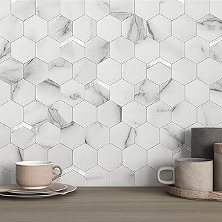 VAOVI Peel and Stick Backsplash Tile,Backsplash Tile for Kitchen Peel and Stick Wall Panels Hexagon Marble Tile(10pcs,White Silver)