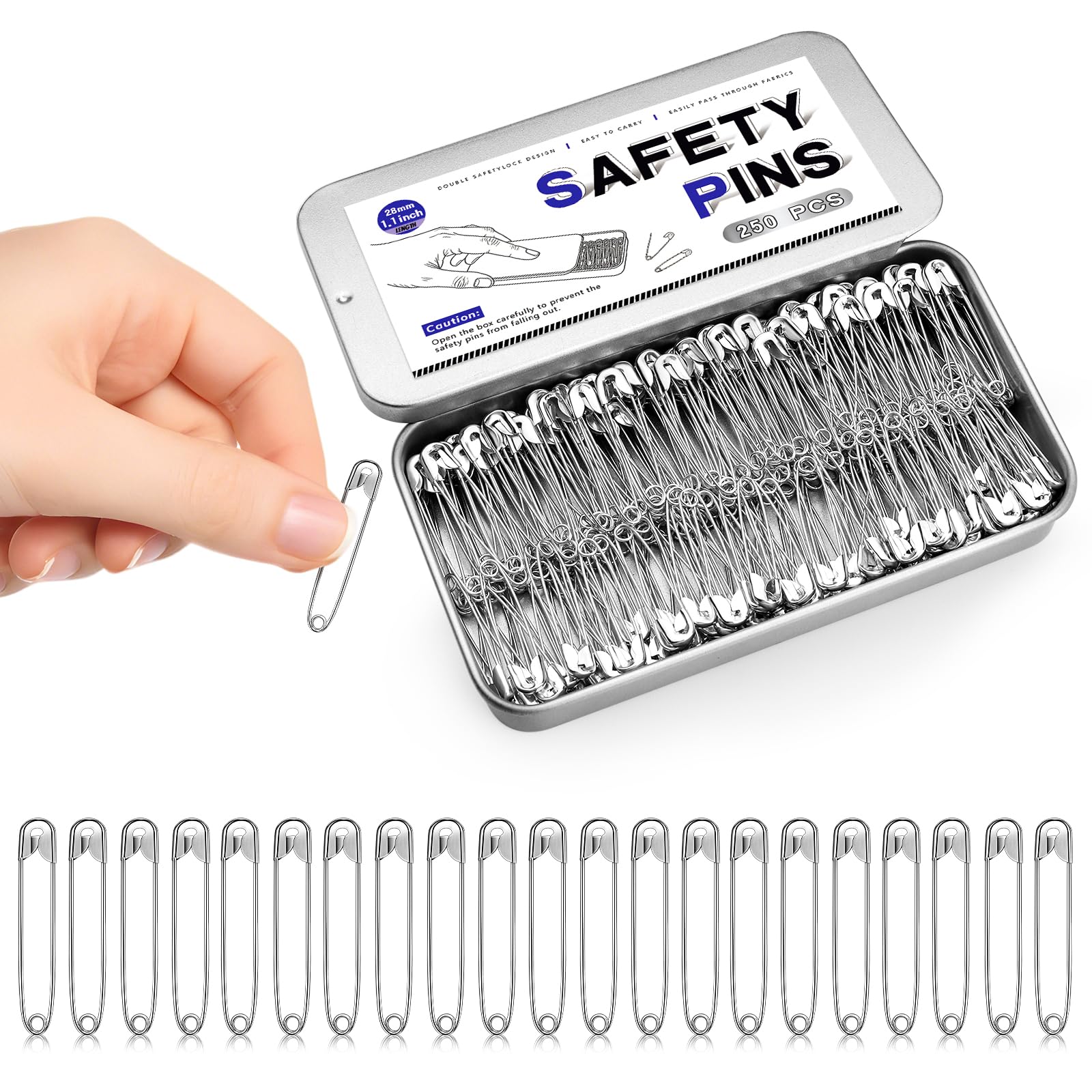 250 Pcs Safety Pins 28mm, Small Safety Pins for Clothes with Metal Storage Tin, Mini Metal Pins for Clothes, Sewing, Crafts, Quilting, DIY Projects, Repairs and Household Use