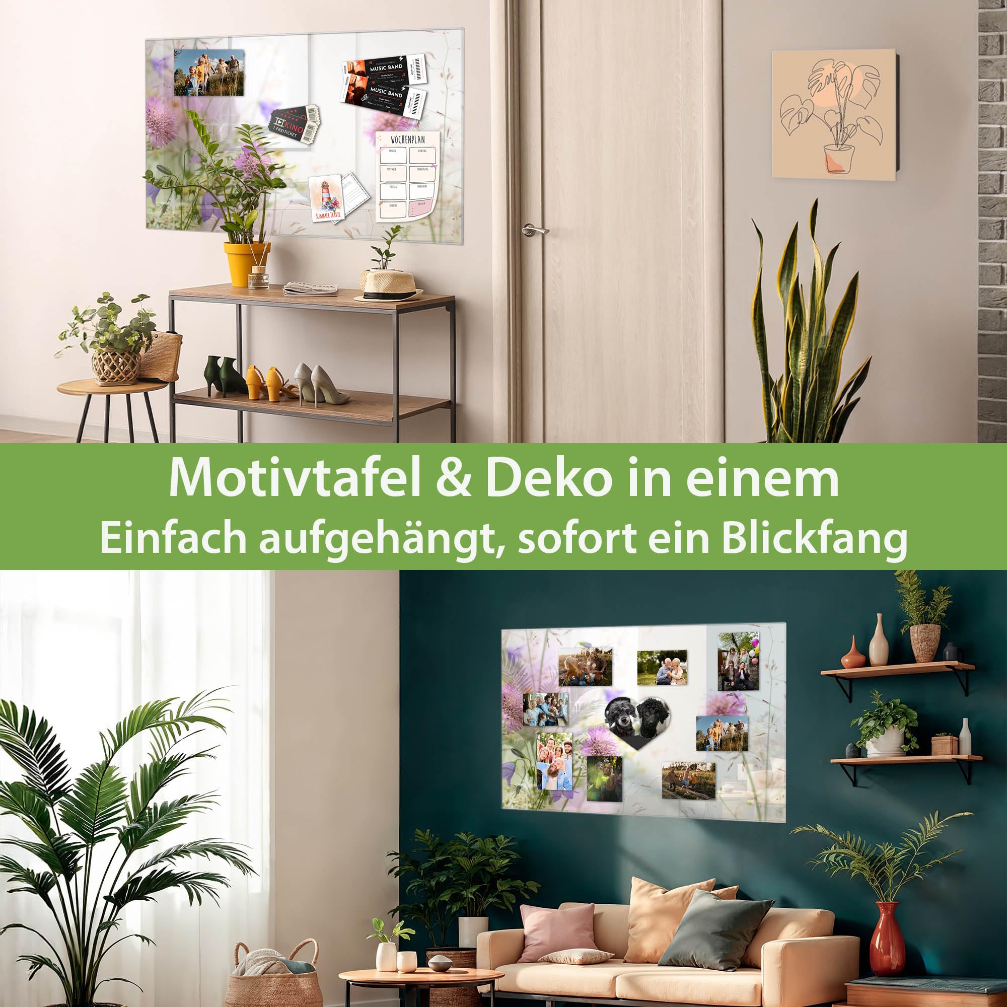 banjado Glas-Memoboard in 60x40cm mit Blumen- und Pflanzenmotiv | Beschreibbares Glasboard für Planung und Fotos, mit Motiv Glitzernde Wiese im floralen Stil