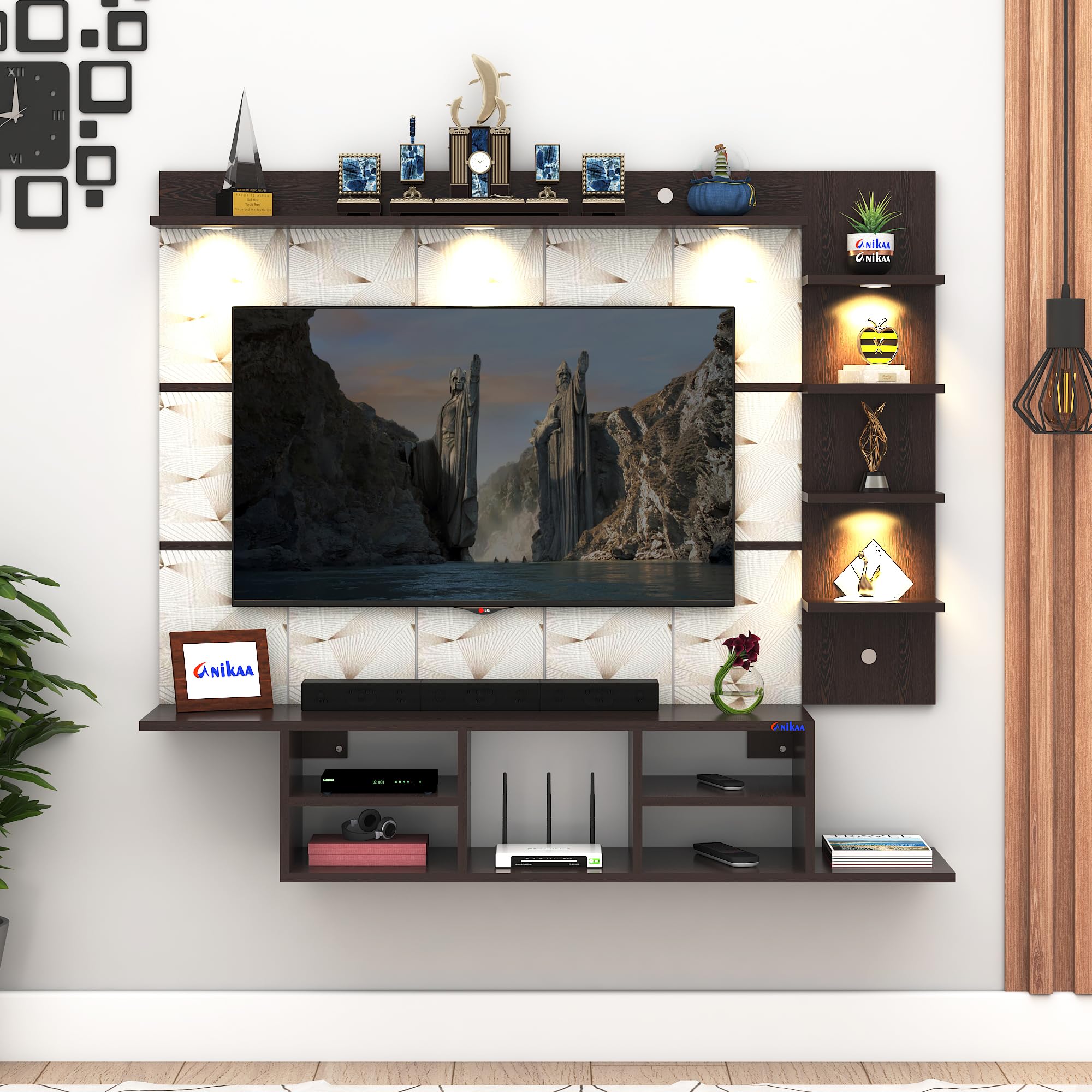 Charley Engineered Wood Wall Mount Striped PVC Back Panel TV Unit with Spot LED Lights | TV Cabinet with Open Storage Box (Wenge) | Ideal for UP to 43 Inch TVs - DIY Installation-image-44