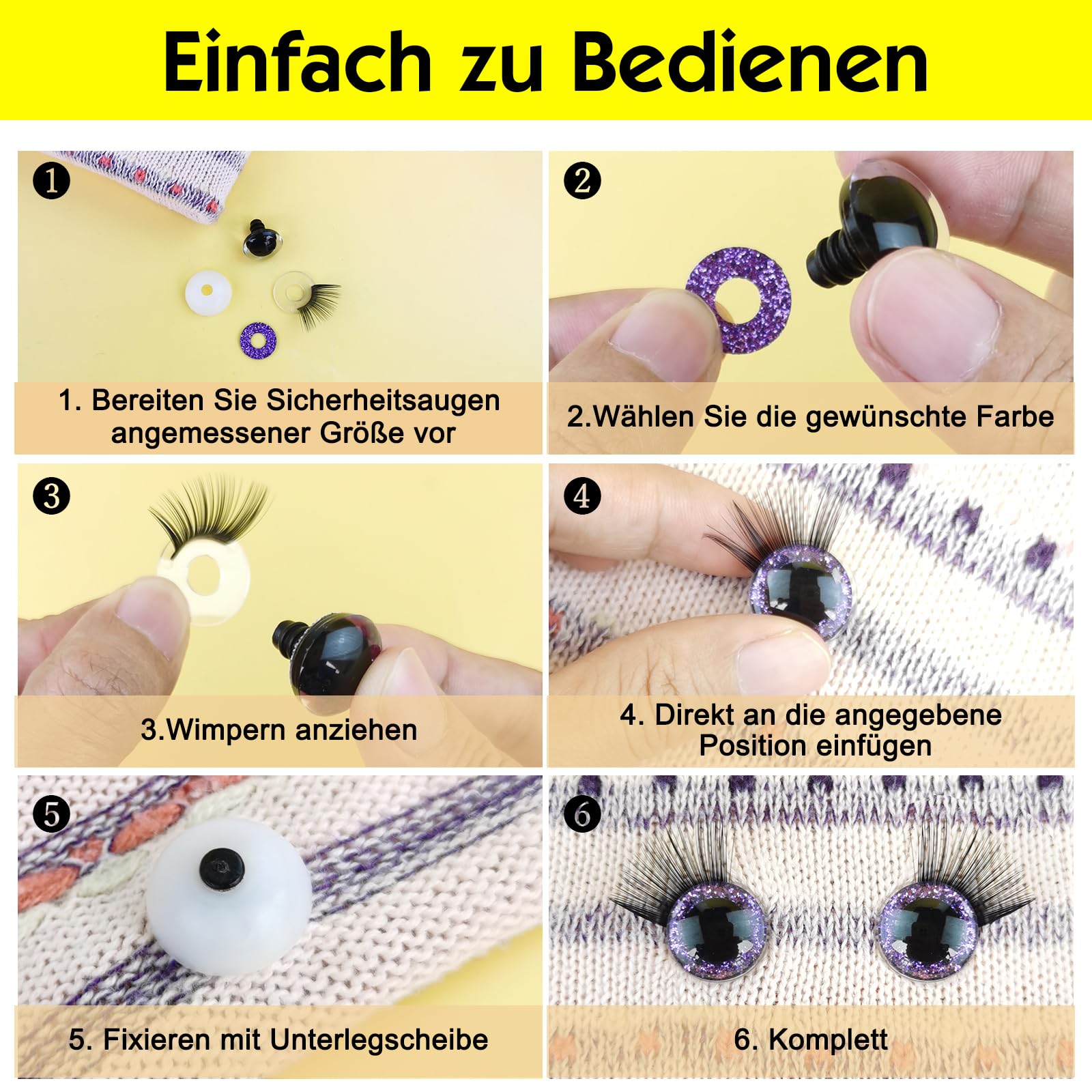 HavaCue Lot de 30 Yeux de Securite Amigurumi 16mm Amigurumi Kit avec Cils Clignotant Yeux Securite Amigurumi Crochet Animal Doll Poupée Jouets Bricolage Artisanat