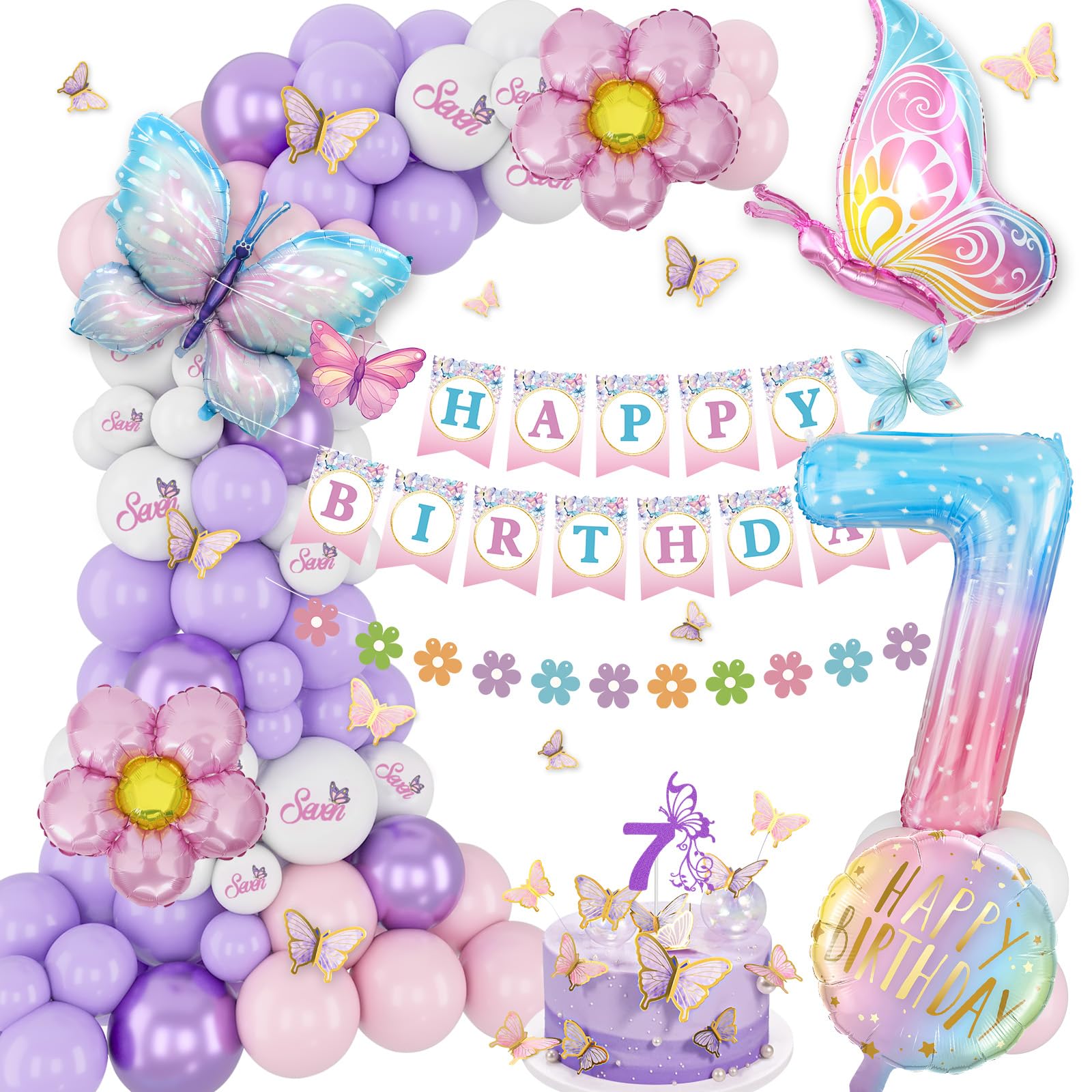 7th Birthday Decorations for Girl, 7 Year Old Birthday Decorations Girl Butterfly Bday Decor Happy Bday Banner Pink and Purple Balloons Seven Bday