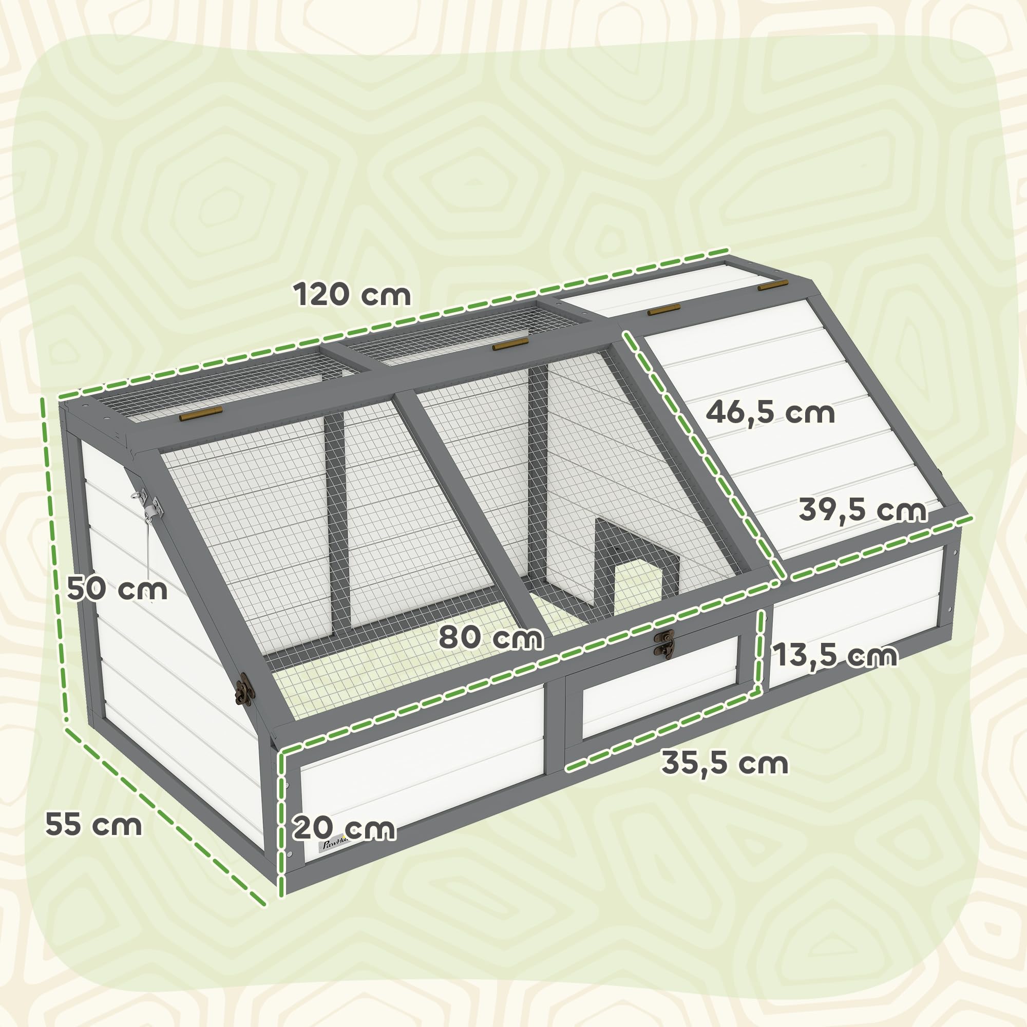 PawHut Casa tartaruga con casa principale anfibi 120x55x50cm bianco | Recinto in legno per tartaruga, area giochi, coperchio ribaltabile, serratura, gabbia per rettili, conigliera