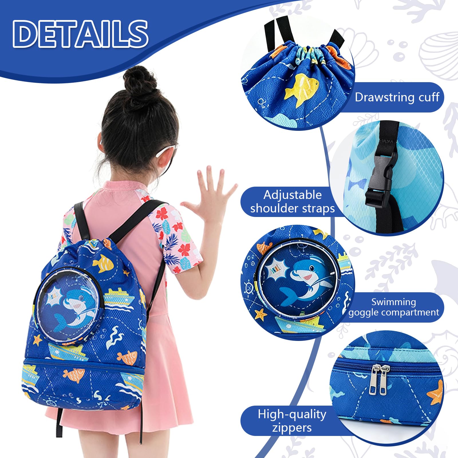 Zaino da Nuoto Bambini con Coulisse, Squalo | Borsa Impermeabile, Portascarpe, Grande Capacità, Con Cerniera, Per Piscina, Palestra, Spiaggia