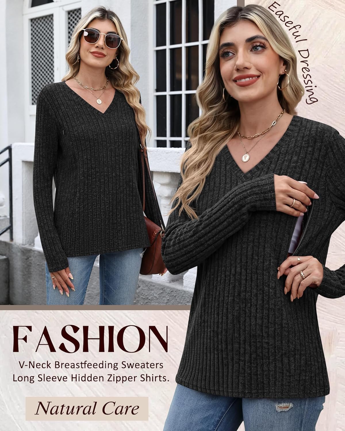 Women's Maternity Nursing Tops, V Neck Breastfeeding Sweaters Long Sleeve Hidden Zipper Shirts - Image 4