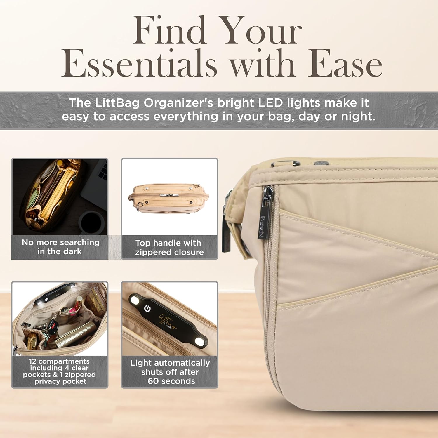 Littbag Handbag Organizer with Patented LED & Auto 60-sec Shutoff - Featured in Oprah's Favorite Things – Purse Organizer with 12 Compartments, Clear Pockets, Zippered Privacy Pocket & More (Nude)
