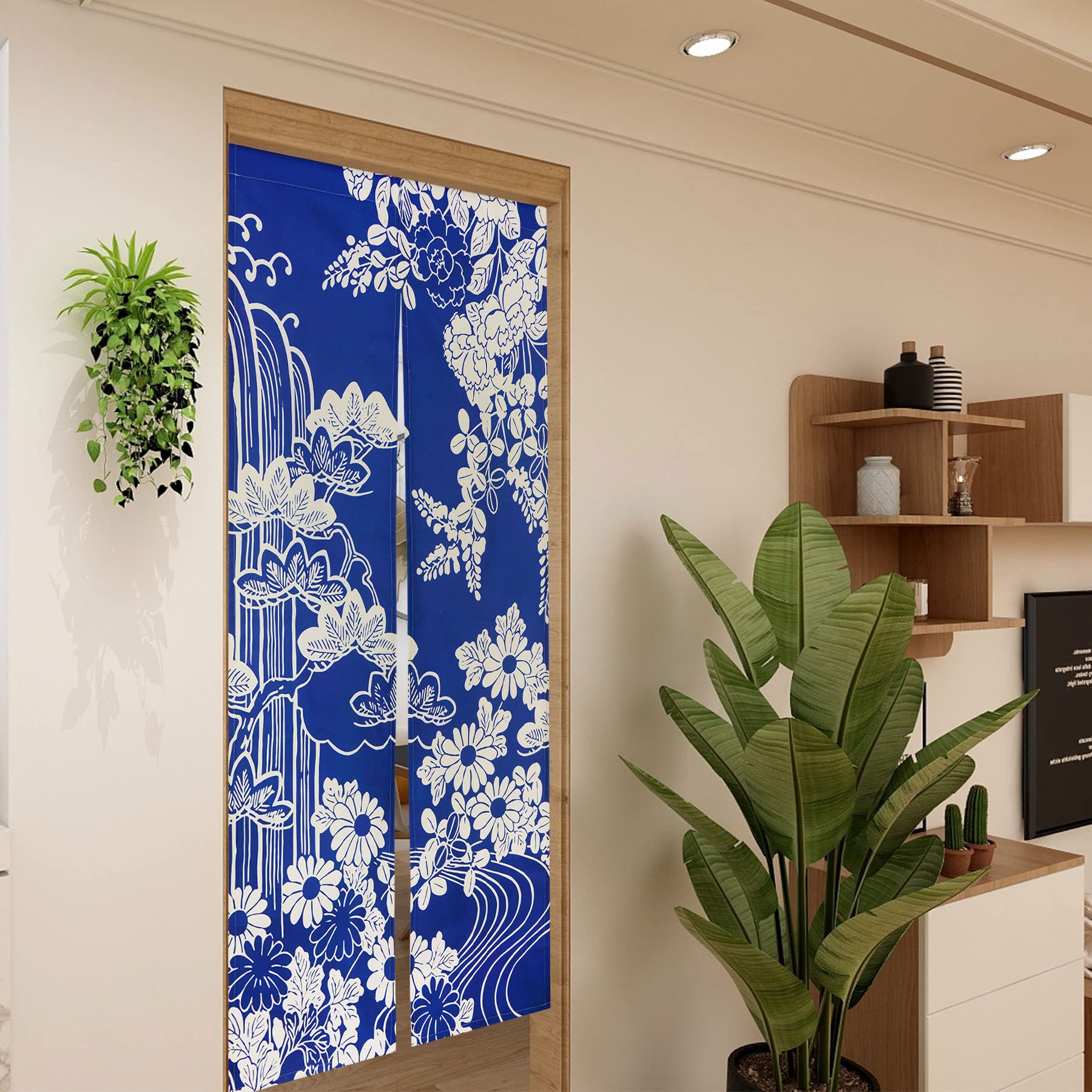 LIGICKY Noren - Tenda da porta giapponese, in cotone e lino, spessa, con stampa, per la decorazione della casa, 85 x 180 cm, blu (crisantemo)