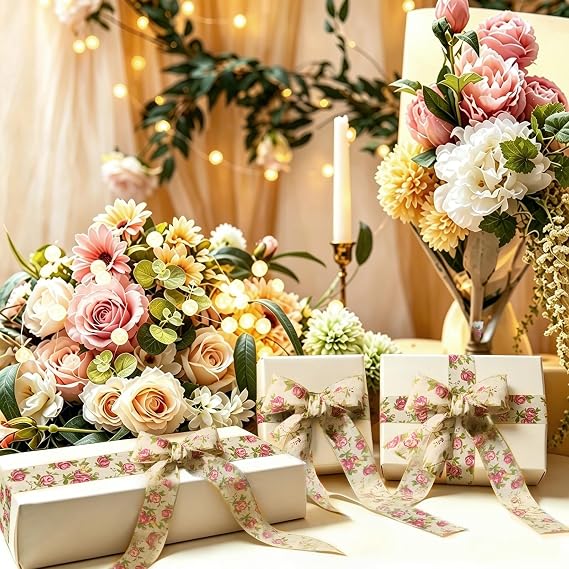 Rose Printed Burlap Ribbon for Flower Bouquet, Fabric Ribbon for Gift Wrapping, Jute Ribbon for DIY Decoration, 32.8ft Long x 2.0in Wide