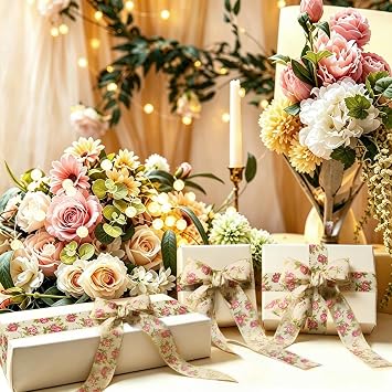 Rose Printed Burlap Ribbon for Flower Bouquet, Fabric Ribbon for Gift Wrapping, Jute Ribbon for DIY Decoration, 32.8ft Long x 2.0in Wide