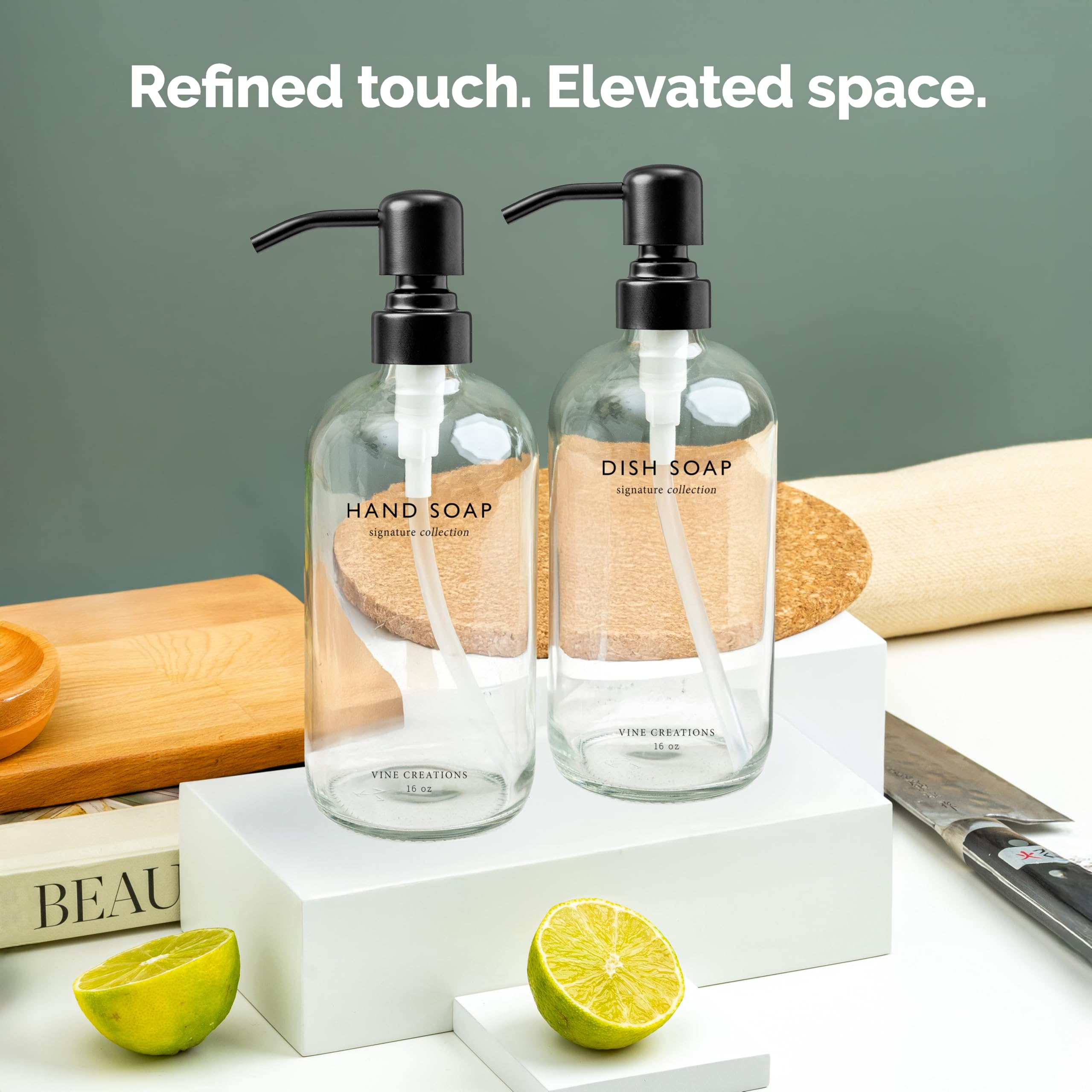 Vine Creations Dispenser di sapone in vetro trasparente, set di dispenser di sapone e sapone per le mani con pompa in acciaio inox, dispenser in vetro da 16 once per decorazione cucina e bagno