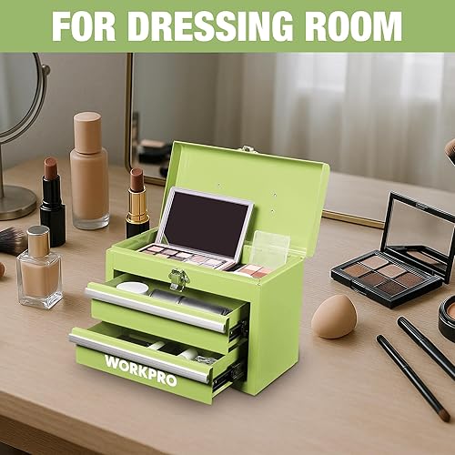 Miniatura 7 de WORKPRO Mini caja de herramientas portátil, 2 cajones de metal con rodamientos de bolas, almacenamiento superior con pestillo, mango de transporte
