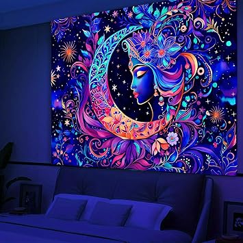 Simpkeely Blacklight Moon and Star Tapestry, Elegant Goddess UV Reactive Sun Mandala Wall Hanging Tapestries, Colorful Boho Aesthetic Tapestry for Bedroom, Living Room - 130 x 150 cm