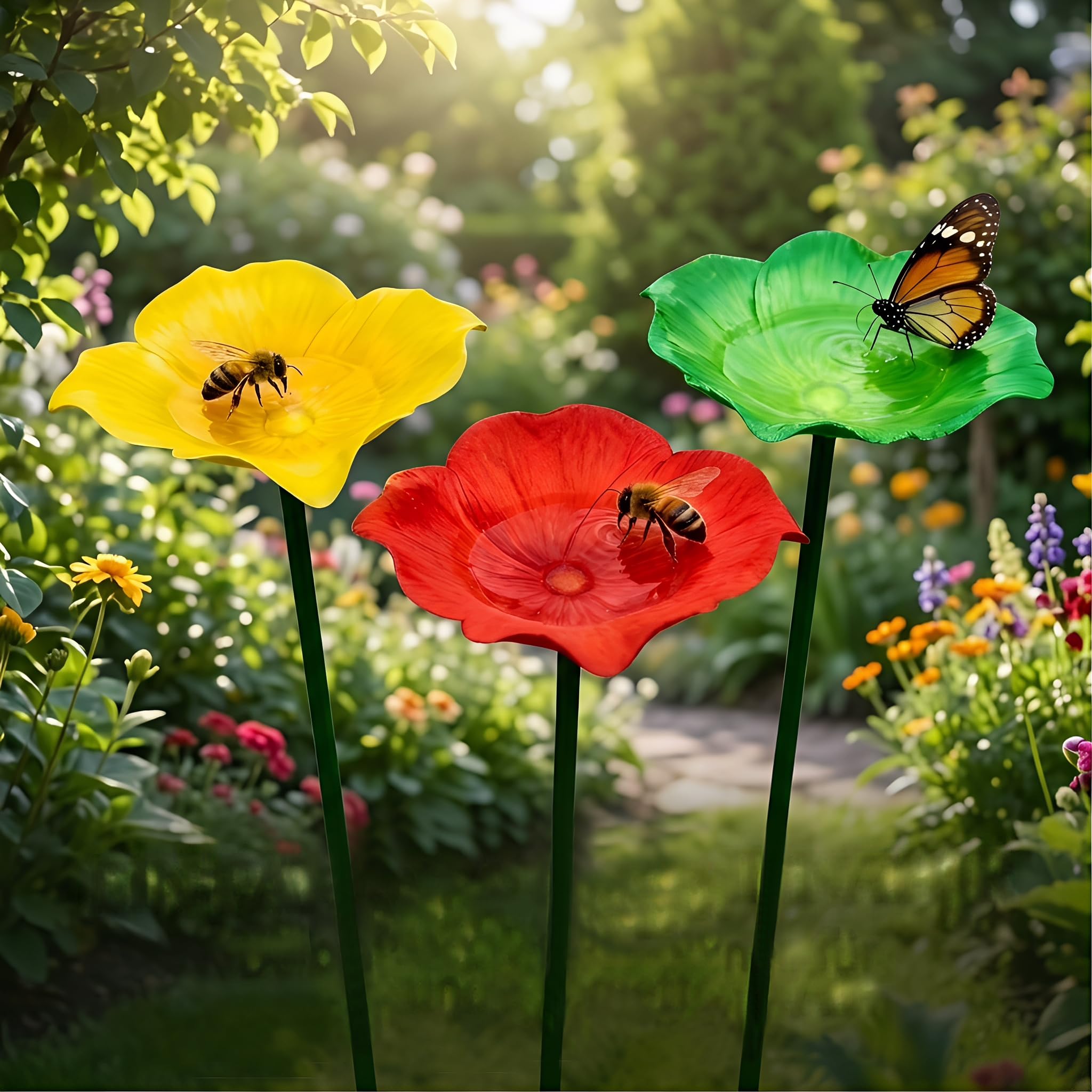 Pack of 2 Garden Ornaments Classic Metal Garden Stakes with Colorful Poppies, Garden Decoration Outdoor Decoration for Spring and Summer, Durable Weather Resistant Design, (Rust)