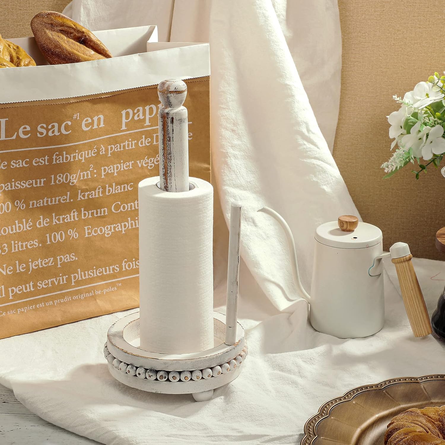 White Farmhouse Paper Towel Holders Wood Rustic Beaded Paper Towel Holders 14.6" x 7.5" Washed Stand Dispenser Rack for Kitchen Bathroom Dining Toilet Countertop Decor