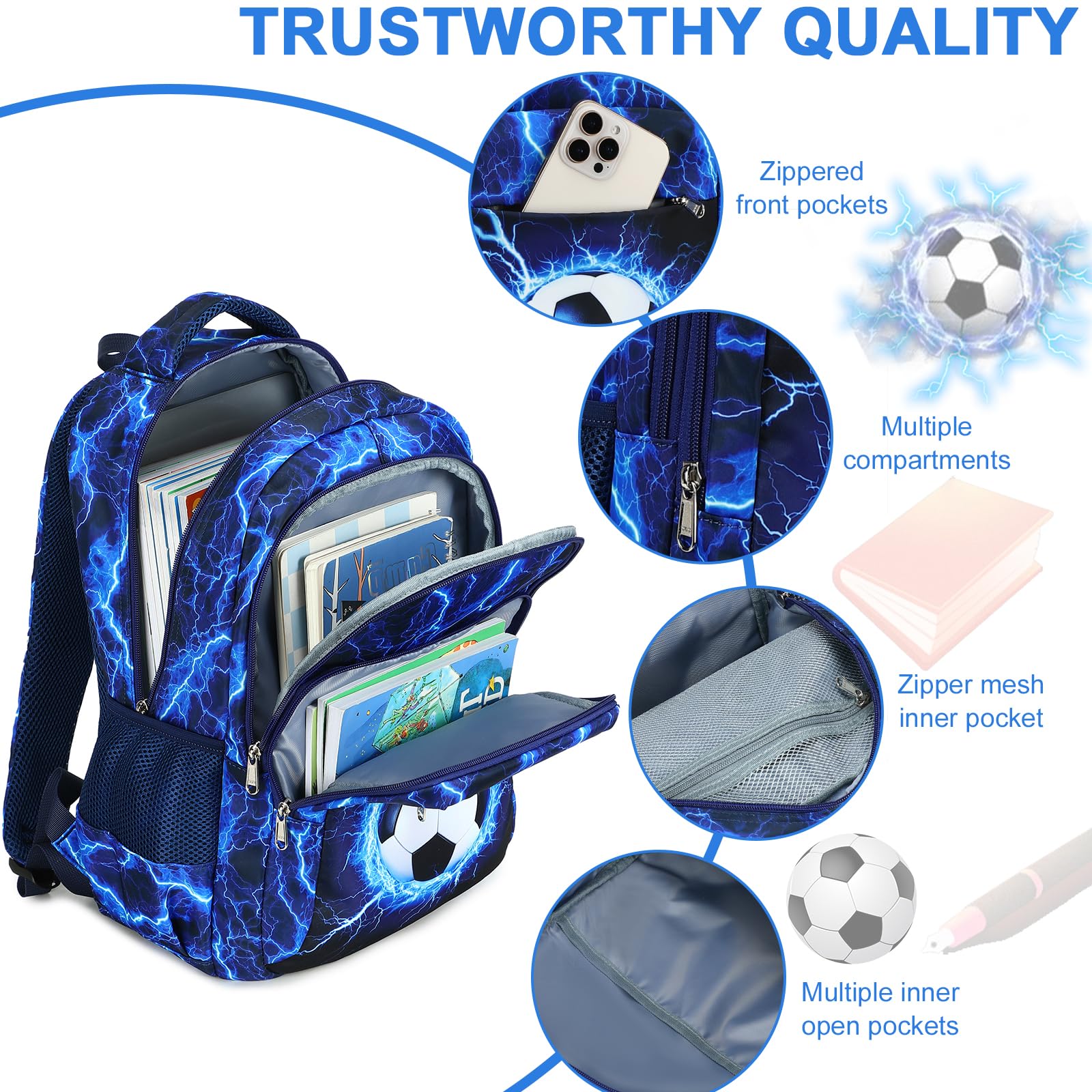 LEDAOU Mochila escolar para jóvenes y adolescentes, para niñas, para el tiempo libre, Fútbol de re, large, Mochila escolar