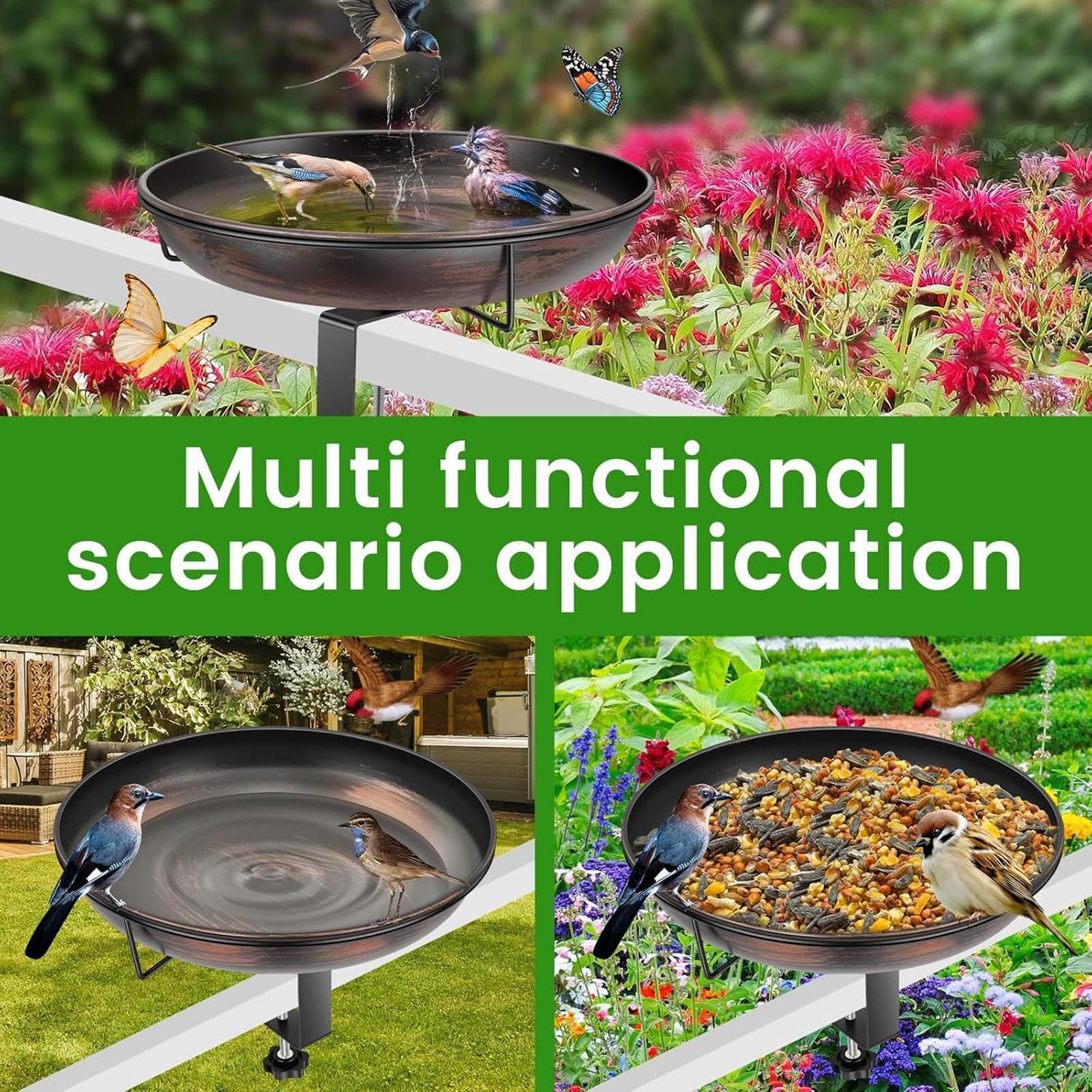 Baño para Pájaros con alimentador de metal con abrazadera ajustable | Bebedero para Aves para Barandilla de Balcón para Exterior, Patio, Terraza, Valla, Porche, Jardín