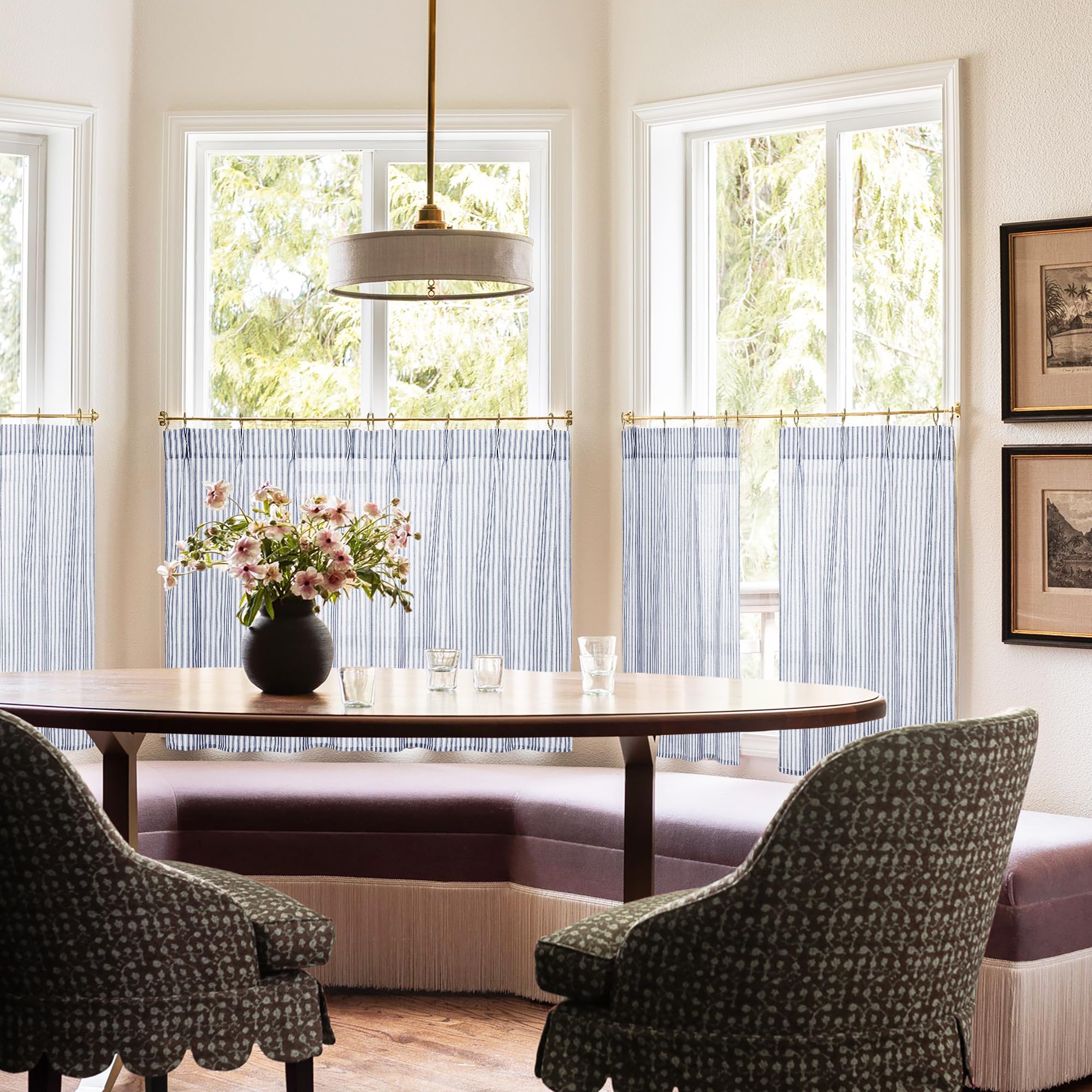 Lino Rosa Cortinas de lavandería para Ventanas, diseño de Rayas pequeñas, diseño de Estampado Azul Marino, Cortinas Cortas de Lino traslúcidas para Dormitorio y baño