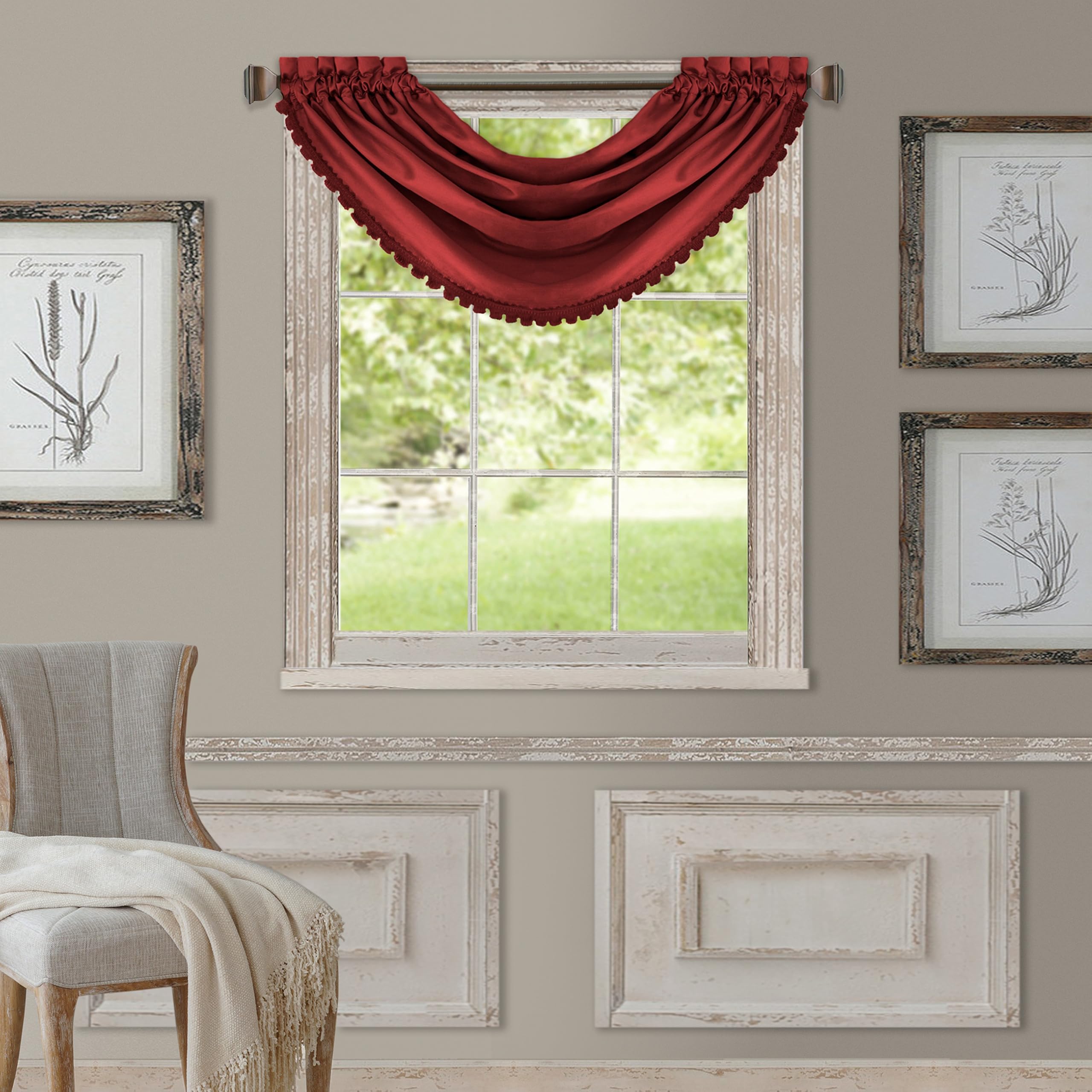 Elrene Home Fashions All Seasons Room-Darkening Waterfall Window Valance, Accessory for Bedroom or Living Room Windows with Rod Pocket Tabs, 52" x 36", Red, 1 Panel