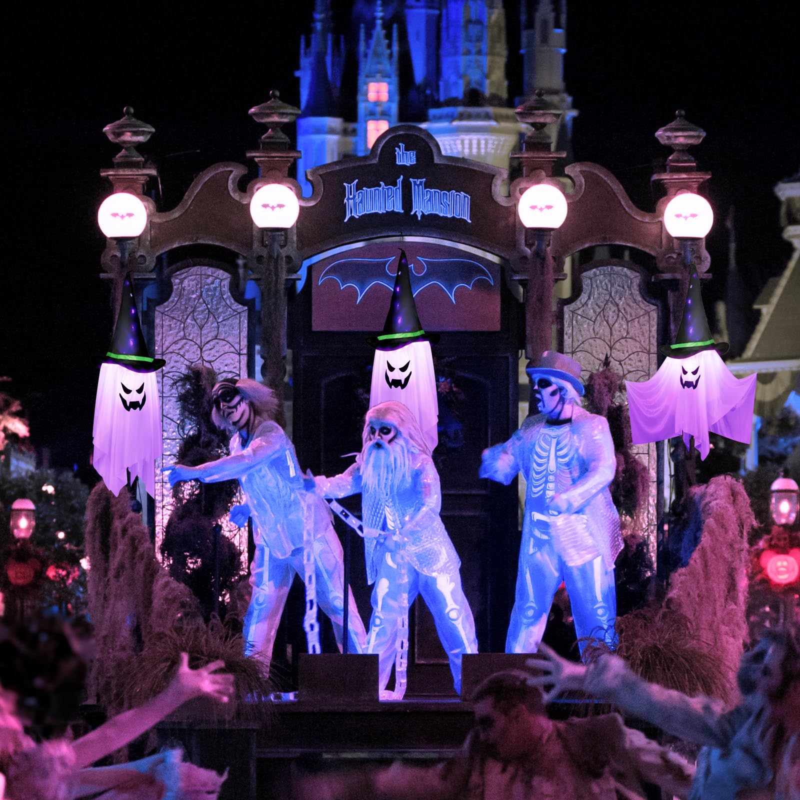 Halloween Deko, 105 cm Geist Dekoration zum Aufhängen mit 24 bunten LED-Lichtern, Windsack für drinnen und draußen, Garten, Party-Dekoration, Weiß, (DWS-001)