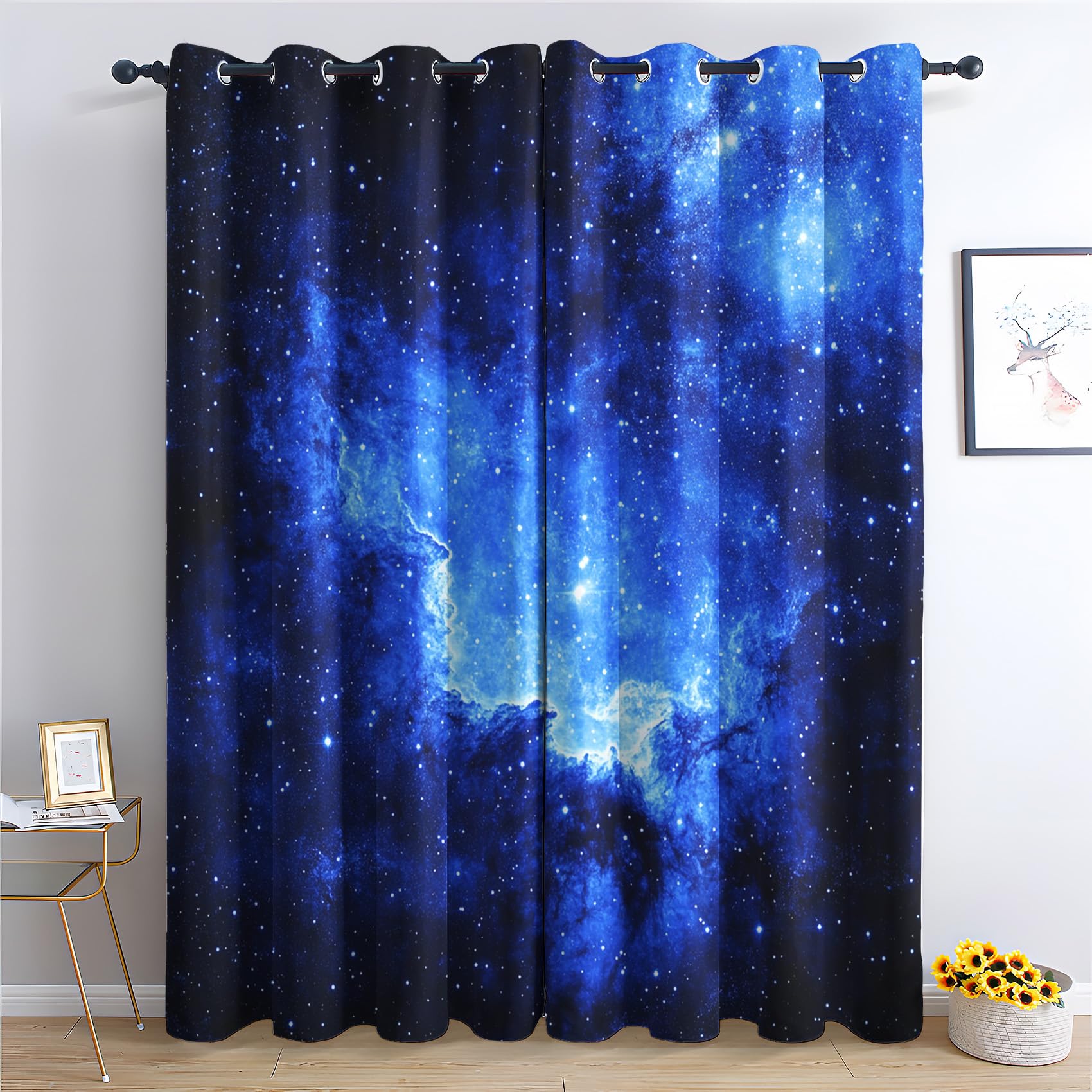 Rideau Occultant Galaxie - Décoration Galaxie, Rideau Thermique Motif Ciel Étoilé Bleu, Lot de 2 Rideaux Opaque à Oeillets pour Fenetre Chambre Salon, 140x240 cm (LxH) W#503