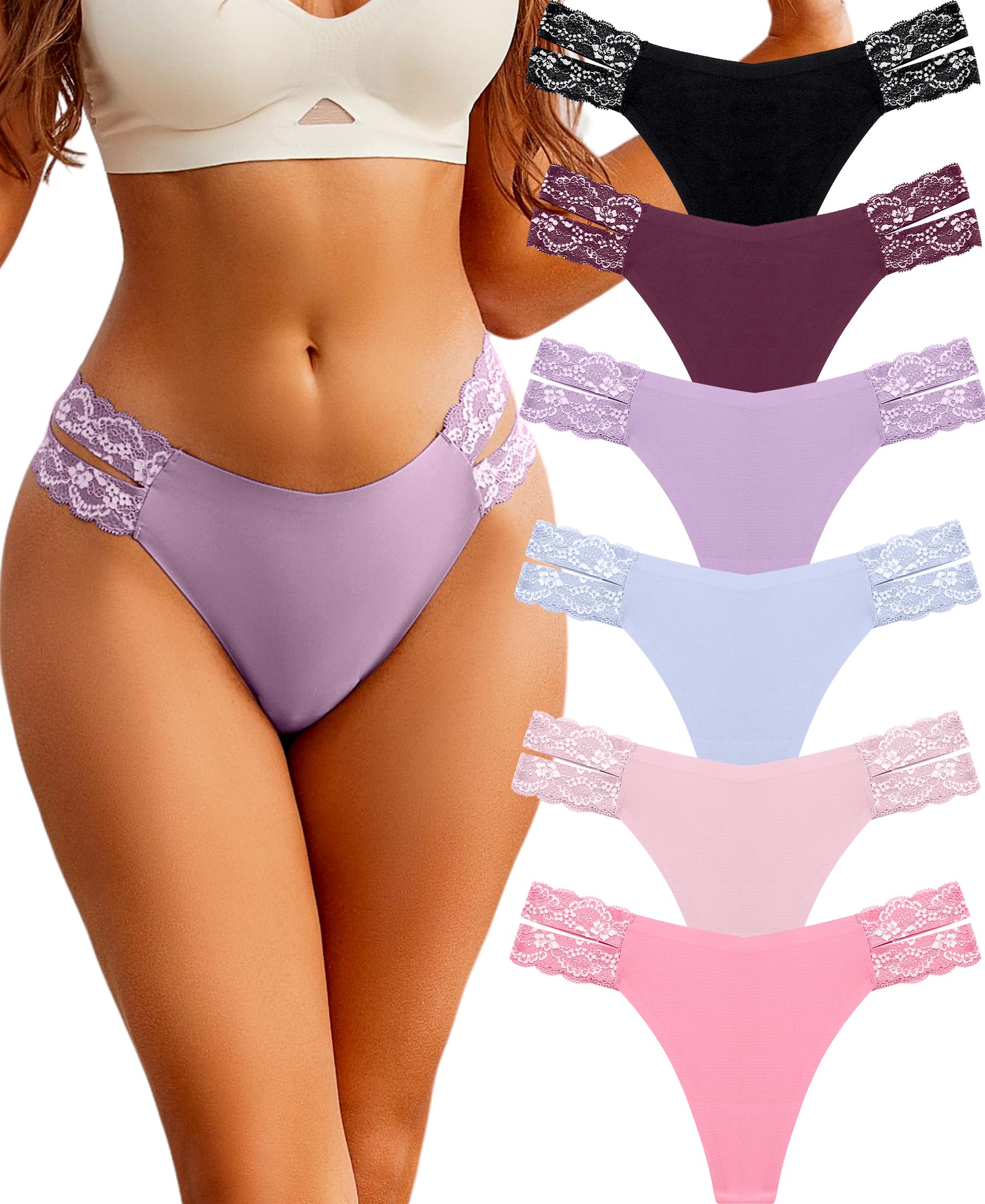 Seamless Thongs for Women 6 Pack Sexy V-Wasit Womens Underwear No Show T-back Panties for Women