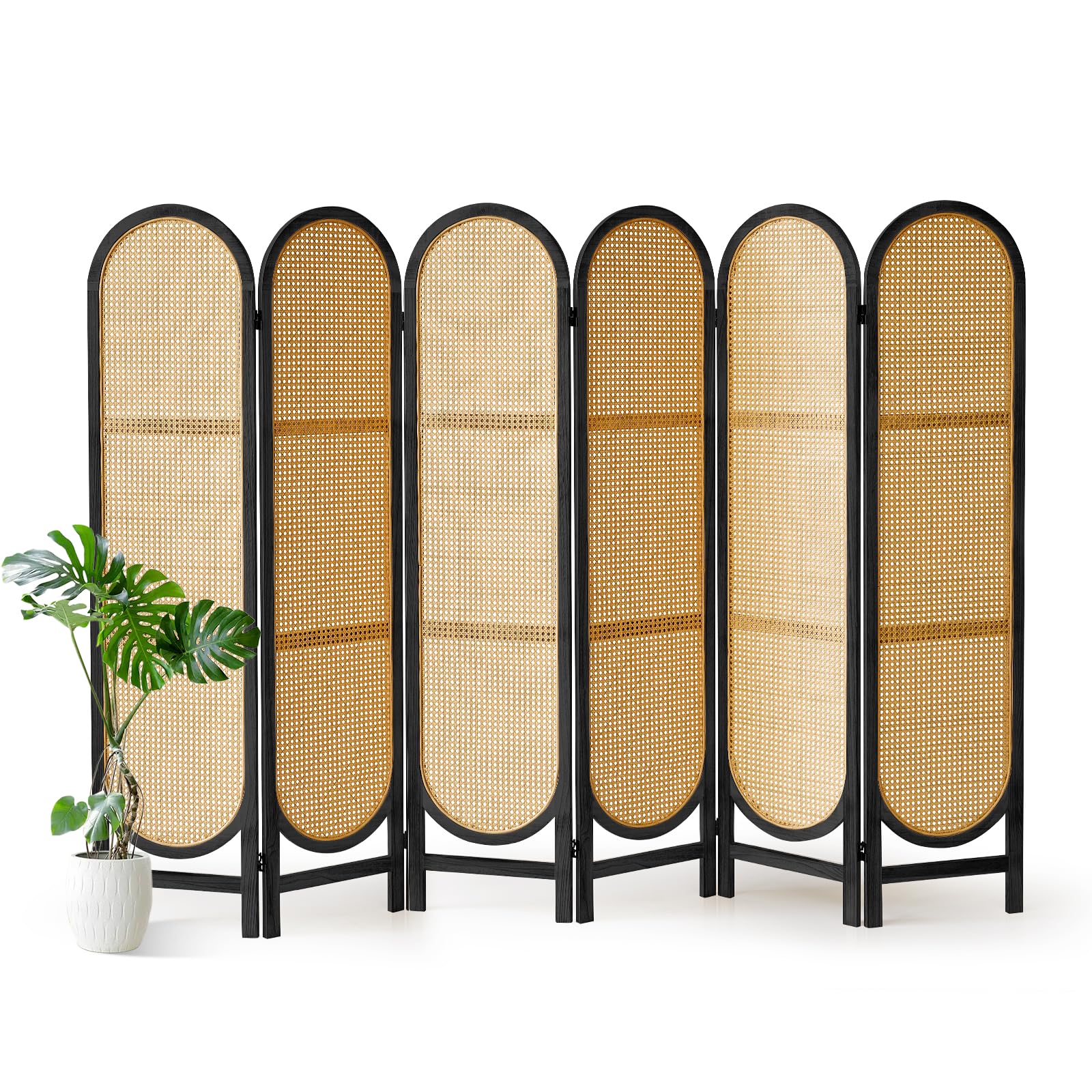 Aletheiawu 6 Panel Room Divider, Hand-Woven Rattan Room Divider Screen, Folding Privacy Screens with Double Hinges, Wooden Freestanding Wall Divider