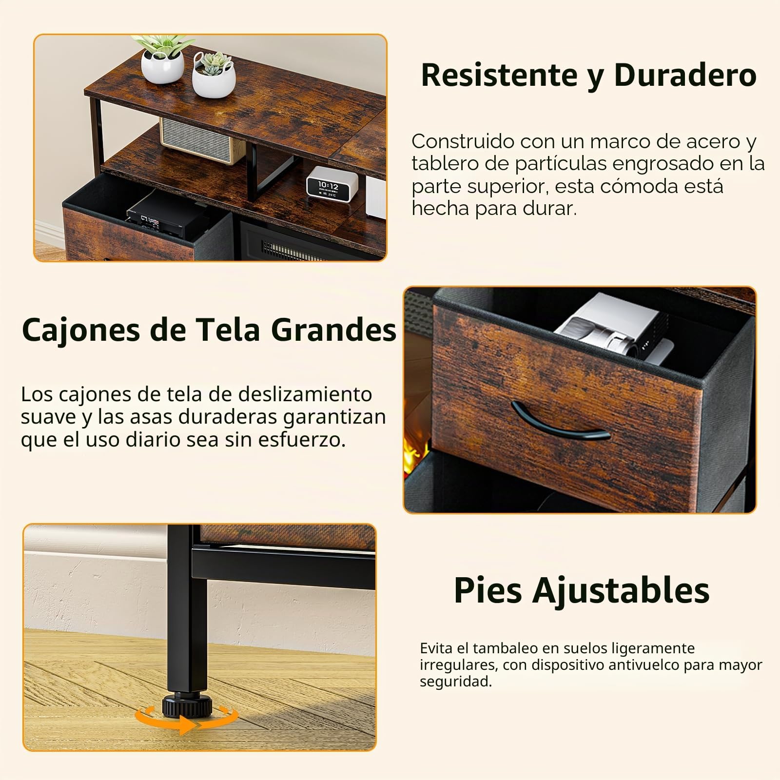 Waleaf Mueble para TV con Chimenea, Mesa Baja para Televisores de hasta 55 Pulgadas, Chimenea Eléctrica con Calefacción, Efecto de Llama 3D, Mueble para Televisor con 4 Cajones y Estantes Abiertos