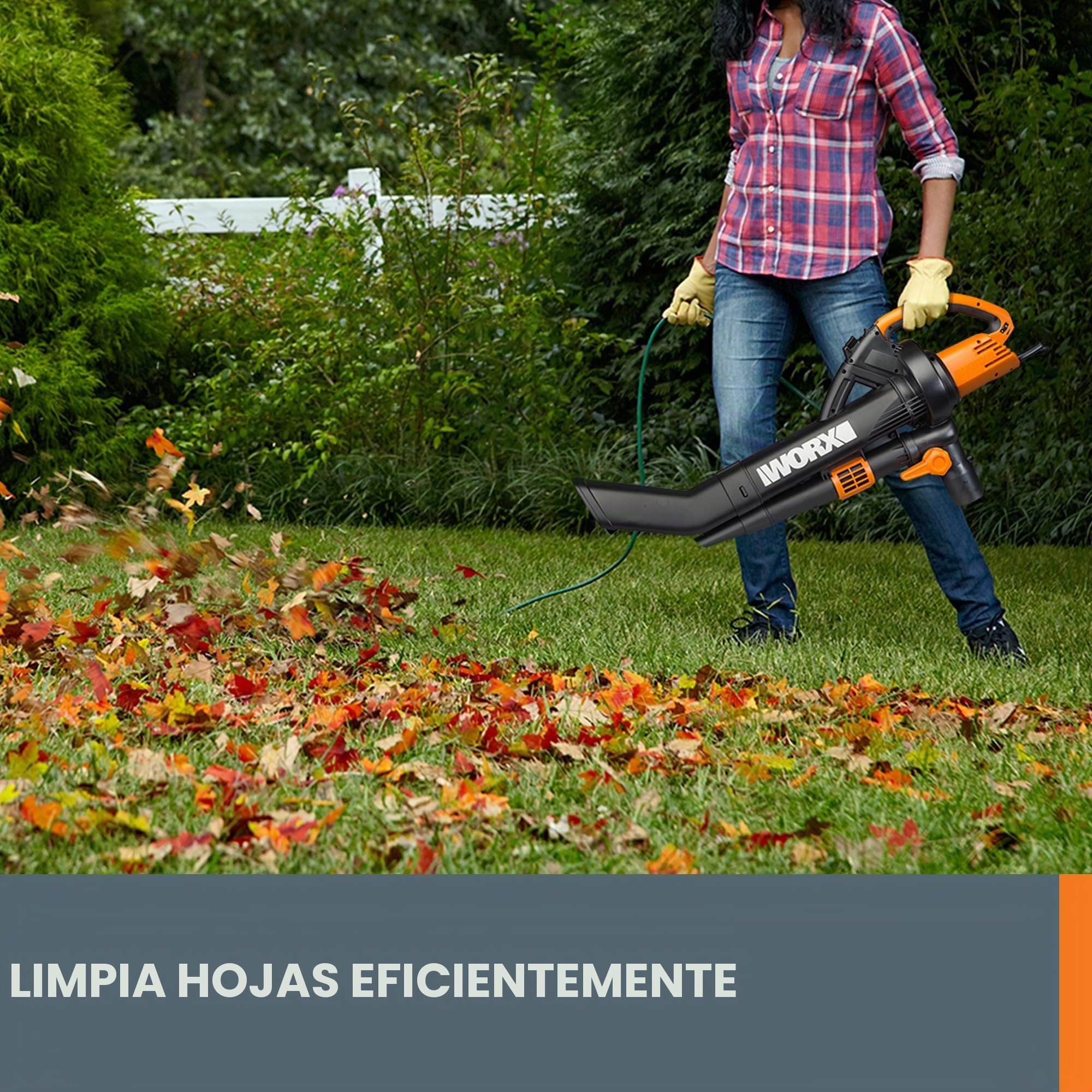 WORX Soplador/triturador/aspiradora eléctrica TriVac WG509 | Flujo de aire de 350 CFM y 210 MPH, relación de mantillo 18:1 para una eliminación eficiente de las hojas, con cable