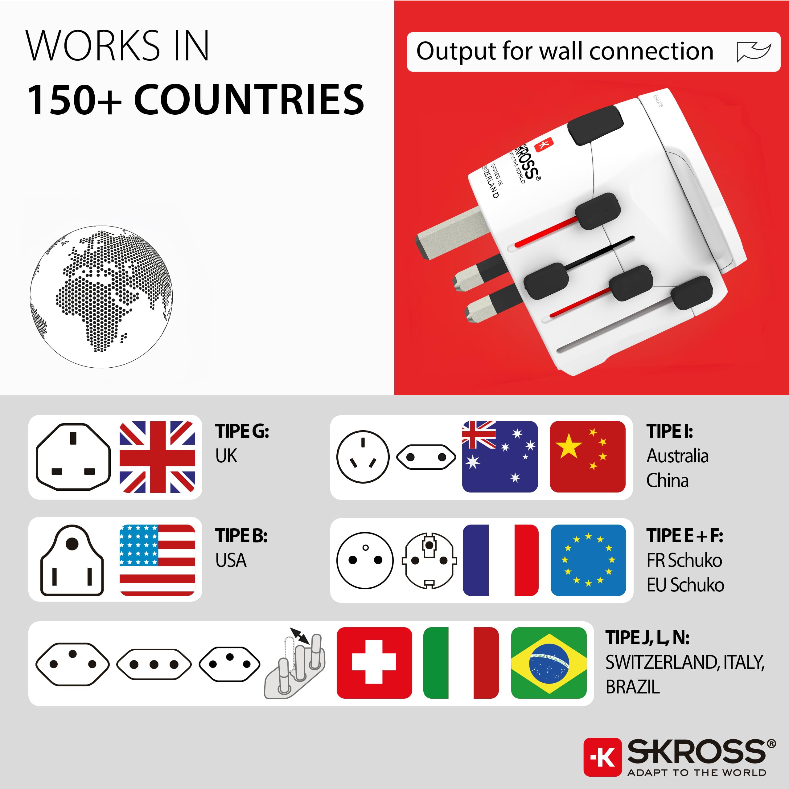 SKROSS | 1.103180 | Zestaw 2 uniwersalnych adapterów podróżnych | Do i z 250 krajów - Moc do 1750W - Ochrona przed wstrząsami